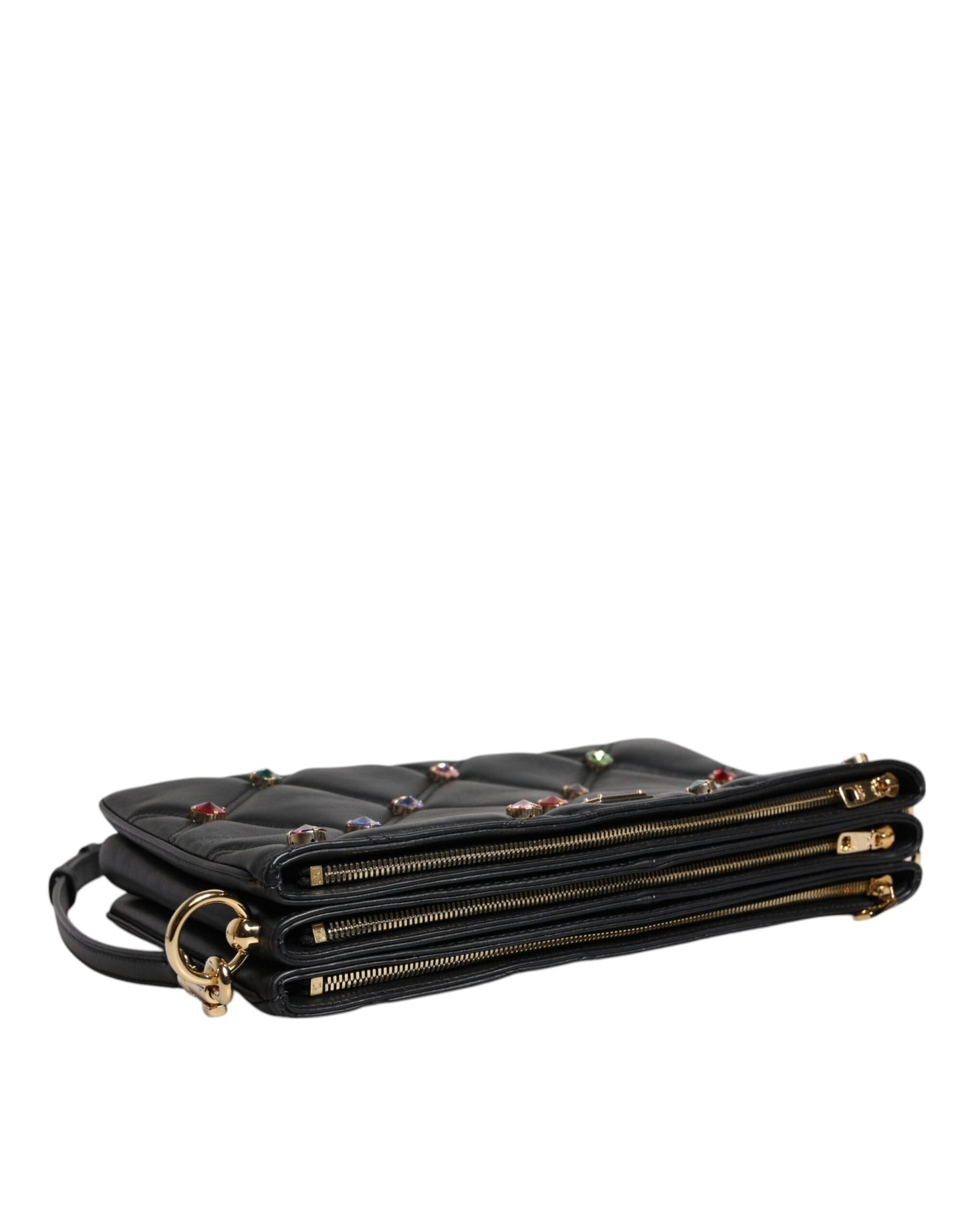 Dolce & Gabbana Black Leather Crystal Embellished Logo Shoulder Bag Dolce & Gabbana