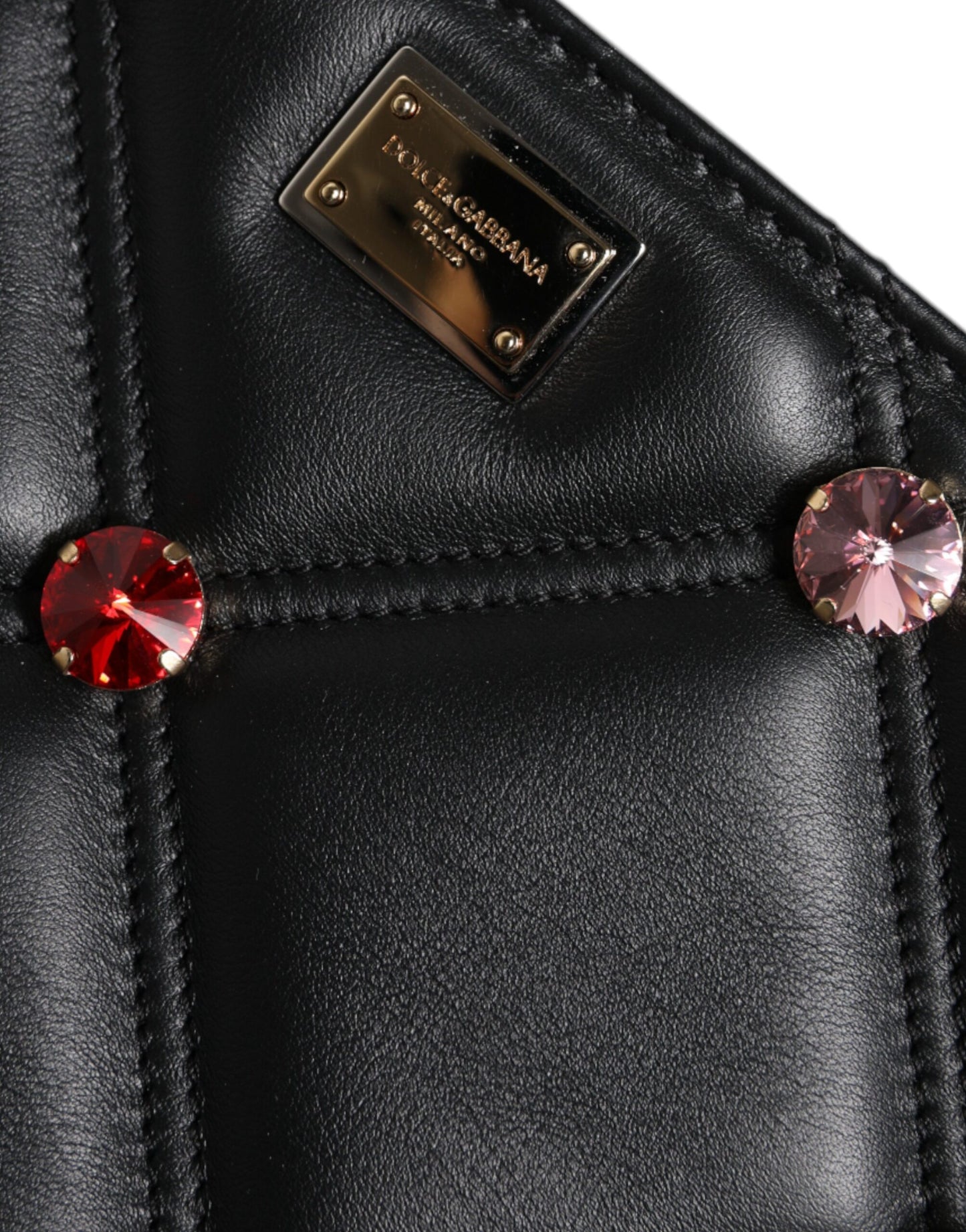 Dolce & Gabbana Black Leather Crystal Embellished Logo Shoulder Bag Dolce & Gabbana