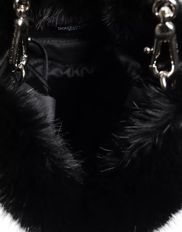 Dolce & Gabbana Black Faux Fur Silver Chain Crossbody Shoulder Purse Bag Dolce & Gabbana