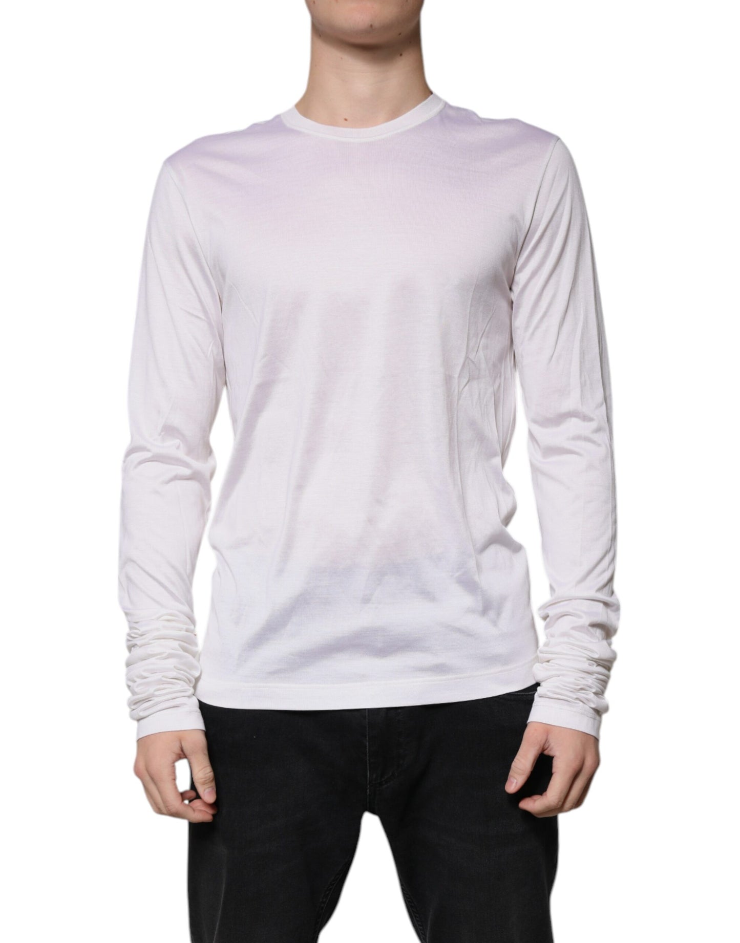 Dolce & Gabbana White Silk Crew Neck Men Pullover Sweater Dolce & Gabbana