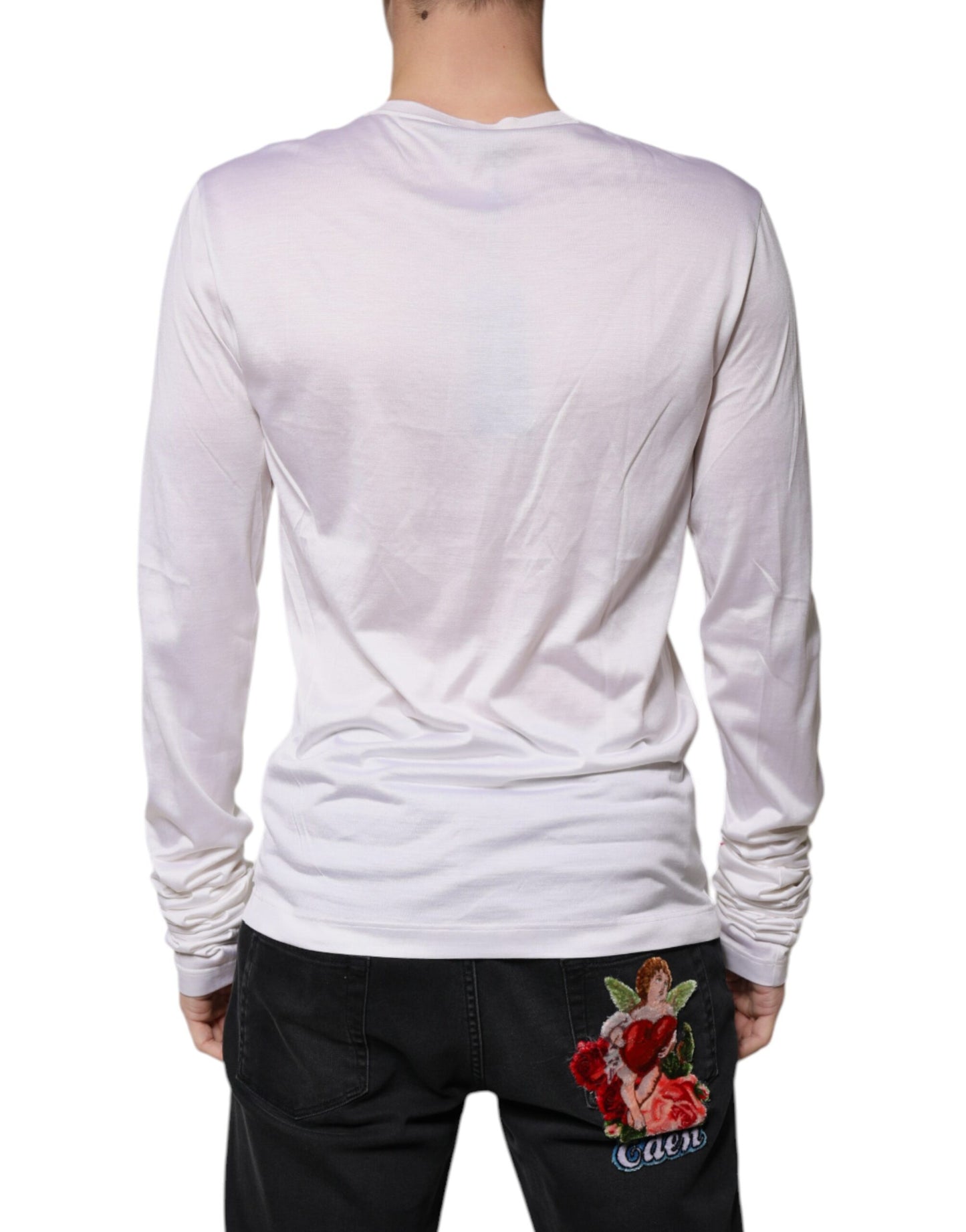 Dolce & Gabbana White Silk Crew Neck Men Pullover Sweater Dolce & Gabbana