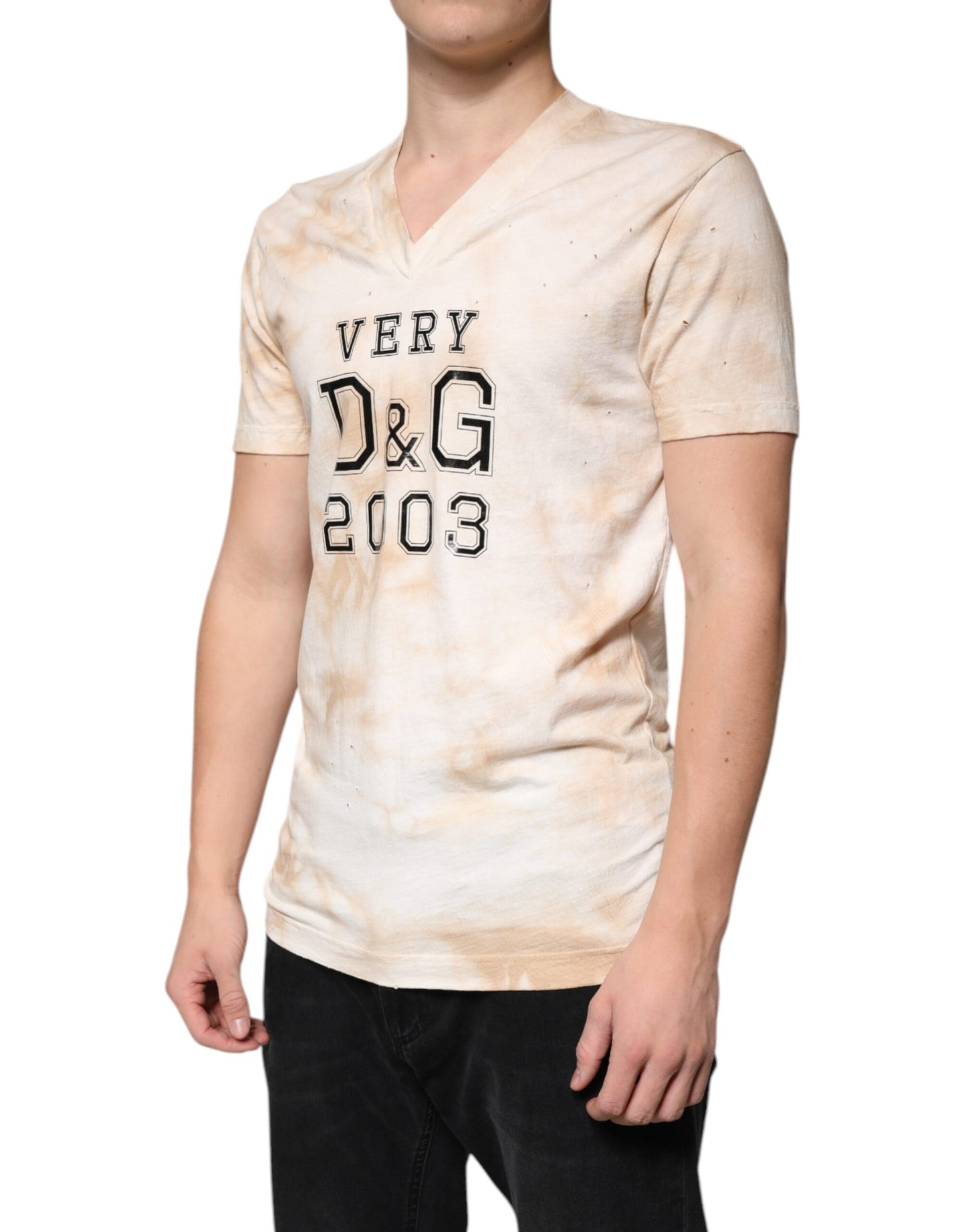 Dolce & Gabbana Beige Graphic Print Cotton V-neck T-shirt Dolce & Gabbana