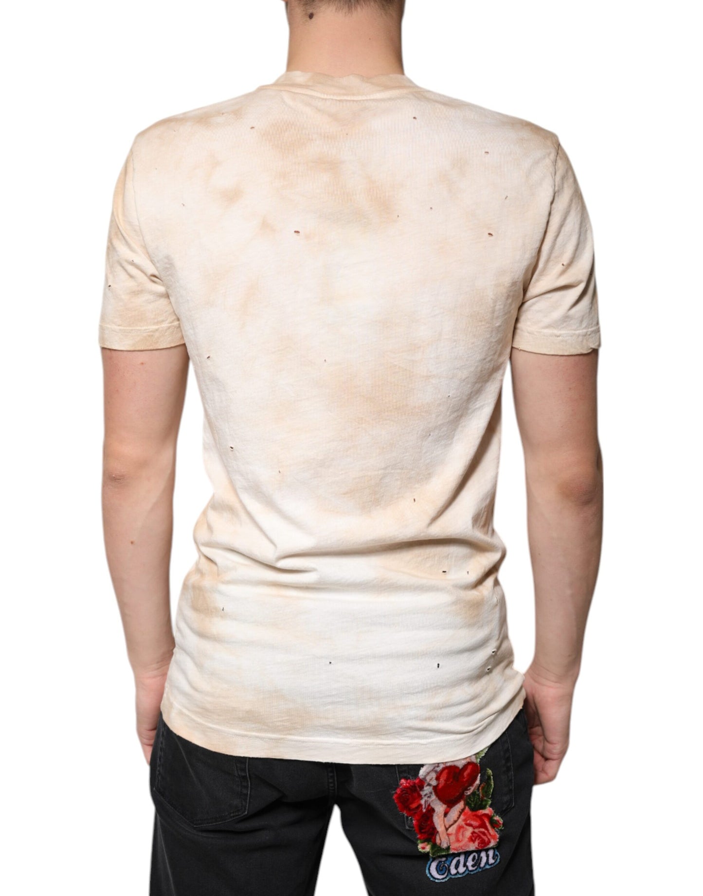 Dolce & Gabbana Beige Graphic Print Cotton V-neck T-shirt Dolce & Gabbana