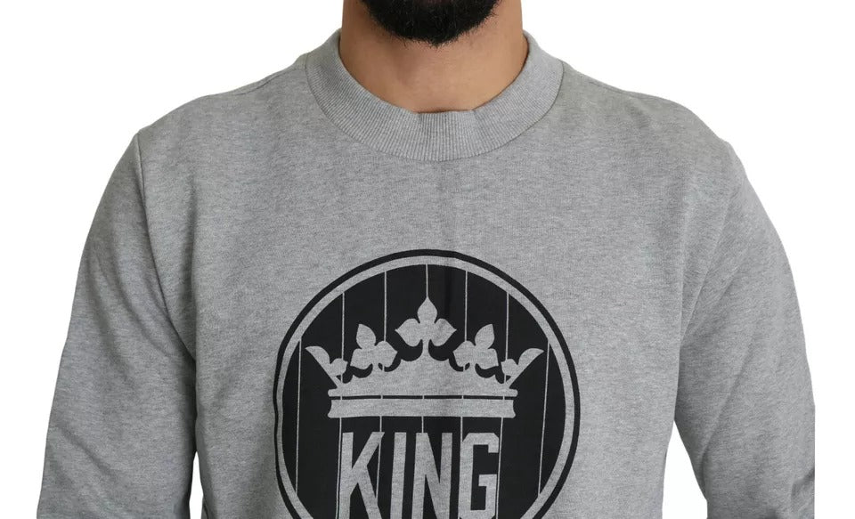 Dolce & Gabbana Gray Crown King Print Cotton Pullover Sweater Dolce & Gabbana