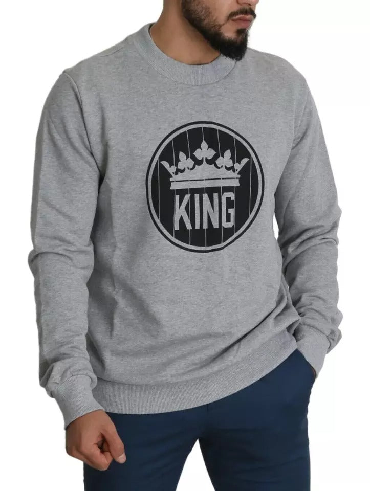 Dolce & Gabbana Gray Crown King Print Cotton Pullover Sweater Dolce & Gabbana