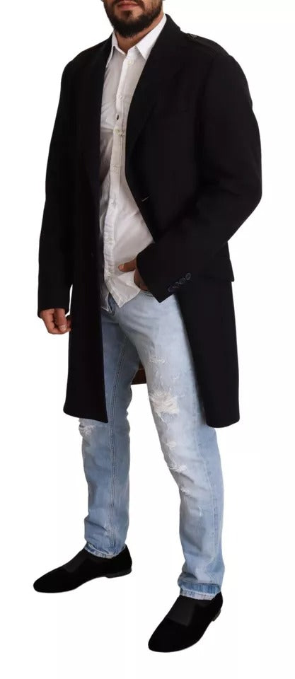 Dolce & Gabbana Blue Trench Coat Long Wool Stretch Jacket Dolce & Gabbana