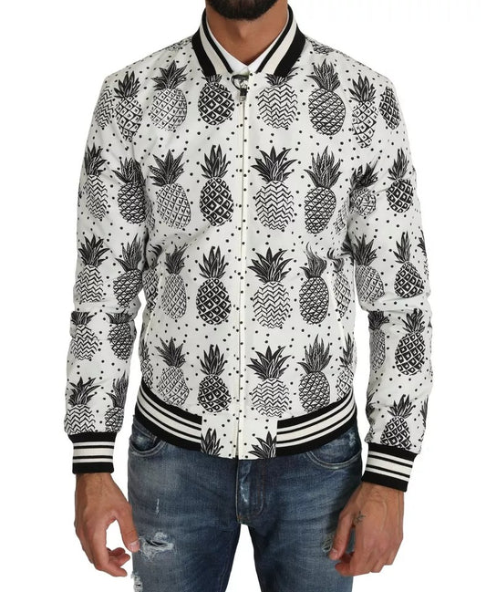 Dolce & Gabbana White Black Pineapple Bomber Coat Jacket Dolce & Gabbana