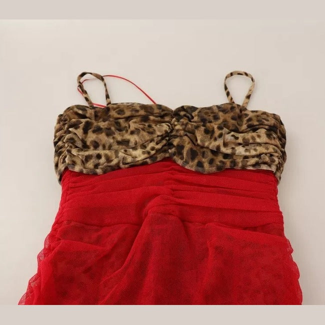 Dolce & Gabbana Brown Leopard Red Tulle Sheath Midi Dress