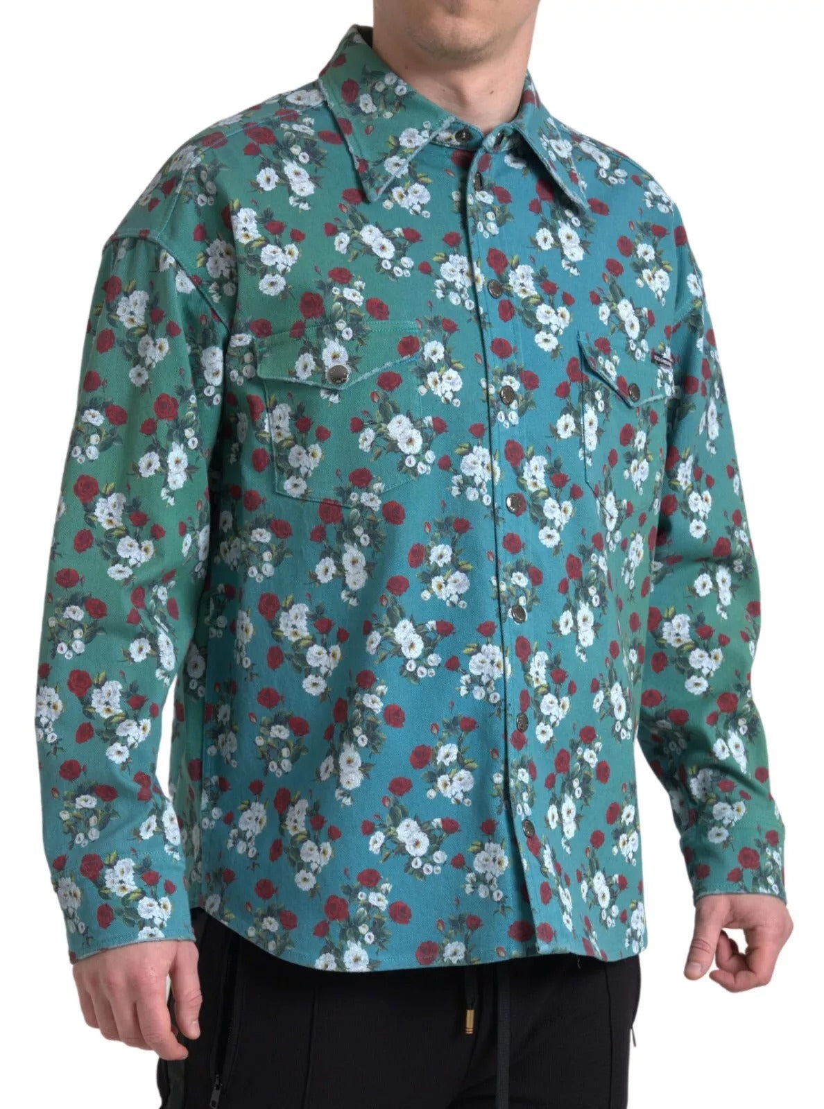 Dolce & Gabbana Blue Floral Cotton Button Down Denim Shirt Dolce & Gabbana