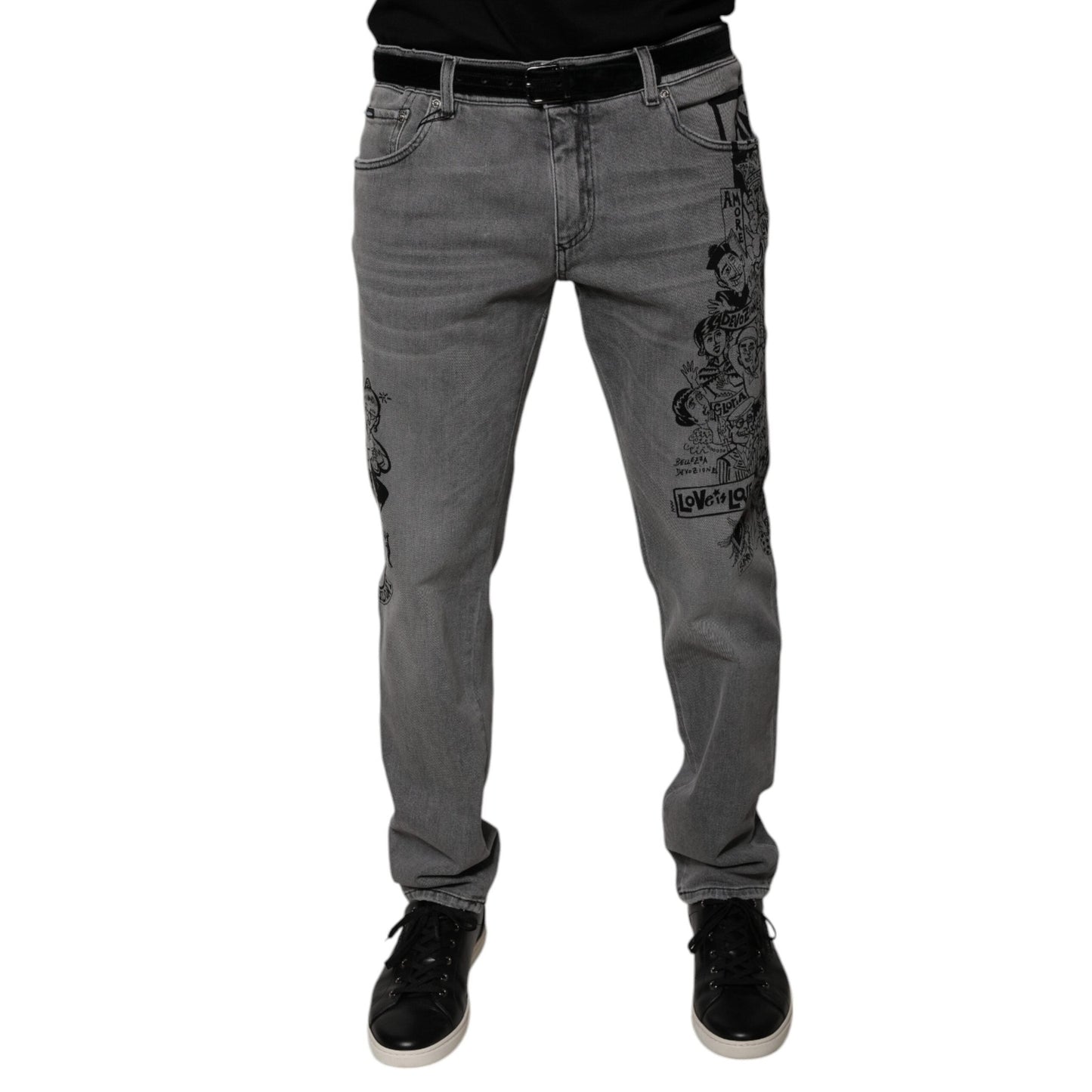 Dolce & Gabbana Gray Graphic Print Cotton Skinny Denim Jeans