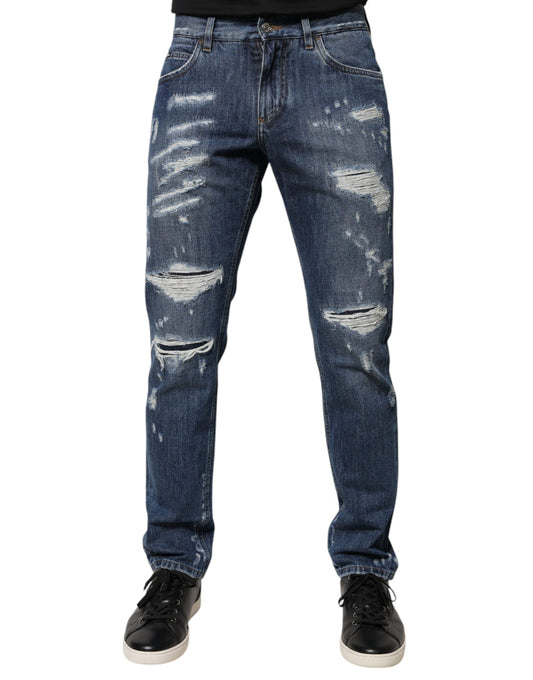 Dolce & Gabbana Blue Cotton Tattered Skinny Denim Jeans Dolce & Gabbana