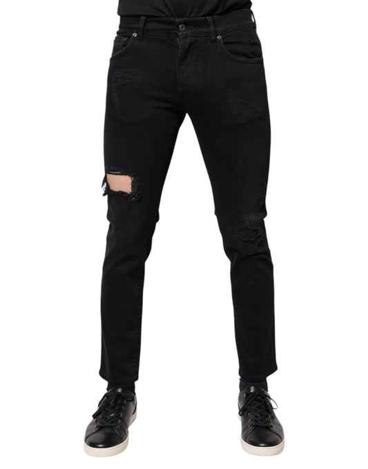 Dolce & Gabbana Black Cotton Tattered Skinny Denim Logo Jeans Dolce & Gabbana