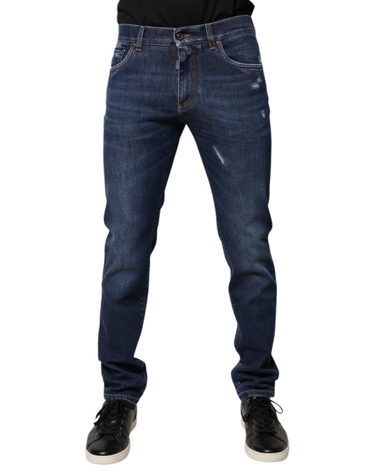 Dolce & Gabbana Blue Cotton Logo Print Slim Fit Denim Jeans Dolce & Gabbana