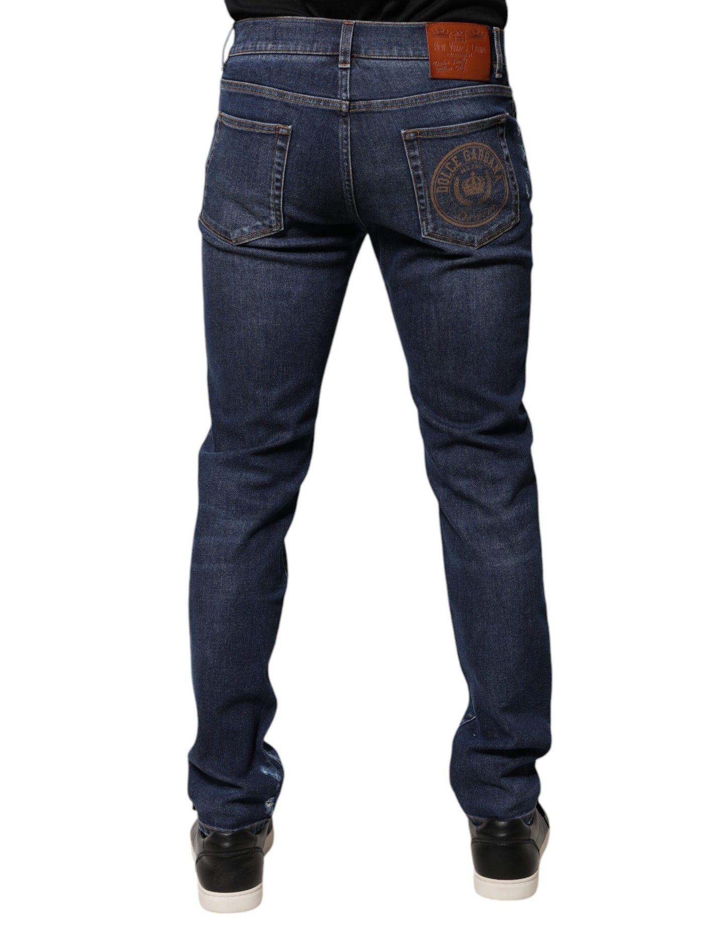 Dolce & Gabbana Blue Cotton Logo Print Slim Fit Denim Jeans Dolce & Gabbana