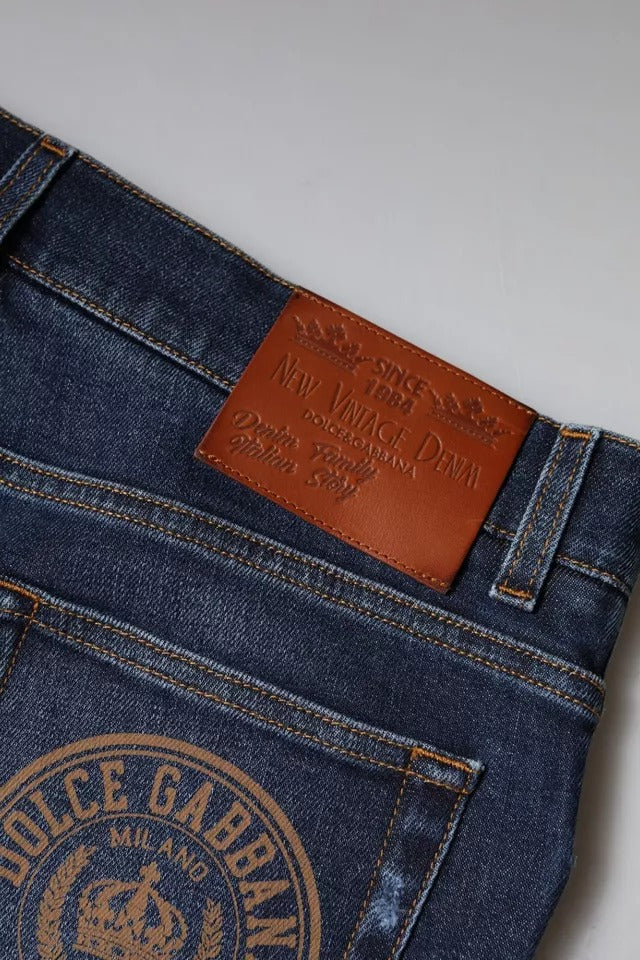 Dolce & Gabbana Blue Cotton Logo Print Slim Fit Denim Jeans Dolce & Gabbana