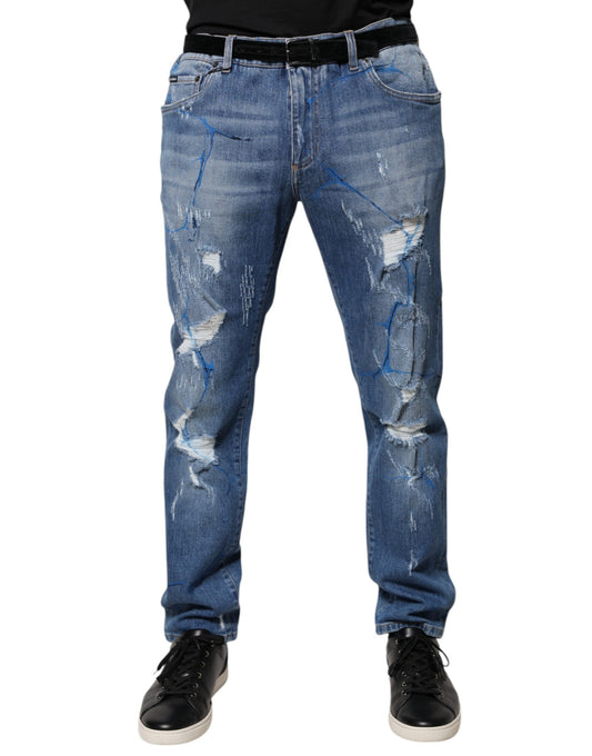 Dolce & Gabbana Blue Cotton Stretch Tattered Skinny Denim Jeans Dolce & Gabbana