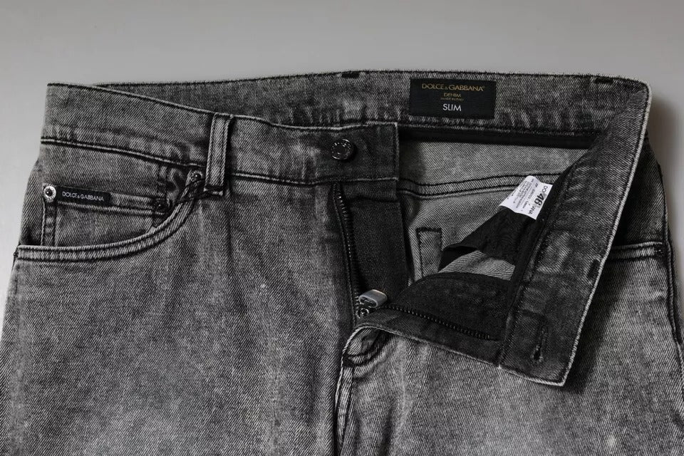 Dolce & Gabbana Gray Logo Plaque Cotton Slim Fit Denim Jeans Dolce & Gabbana