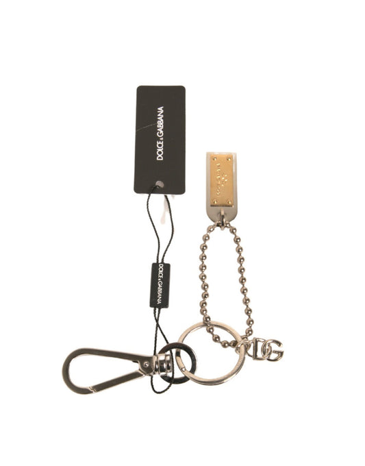 Dolce & Gabbana Silver Brass Chain Beaded Logo Plaque Keychain Keyring Dolce & Gabbana