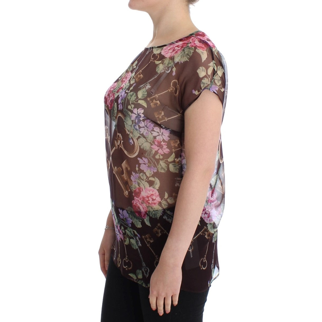 Dolce & Gabbana Black Key Floral Print Silk Blouse T-shirt Dolce & Gabbana