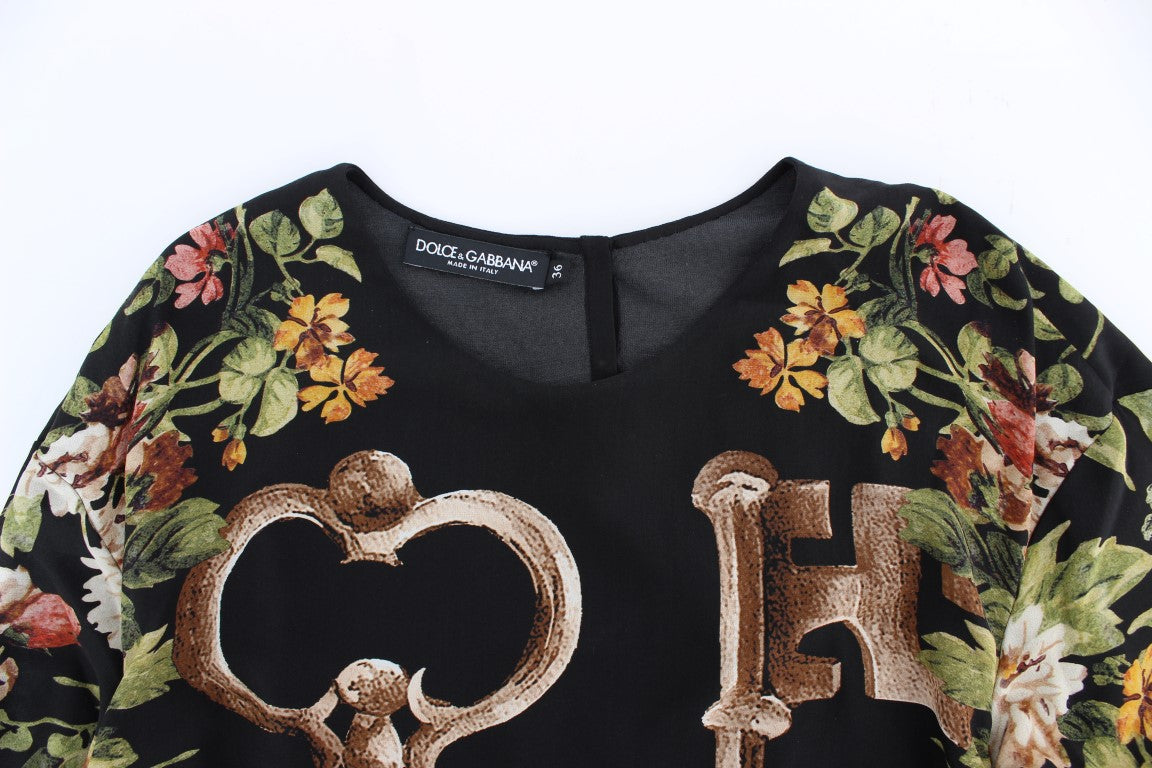 Dolce & Gabbana Black Key Floral Print Silk Blouse Top Dolce & Gabbana