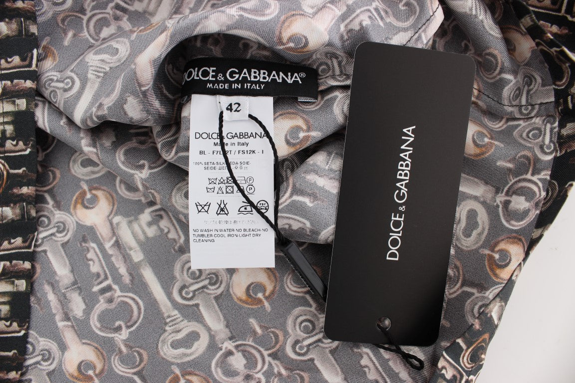 Dolce & Gabbana Gray Gold Key Print Silk Blouse T-shirt Dolce & Gabbana