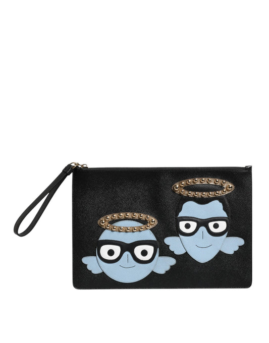 Dolce & Gabbana Black Leather #DGFAMILY Embellished Men Zip Pouch Bag Dolce & Gabbana