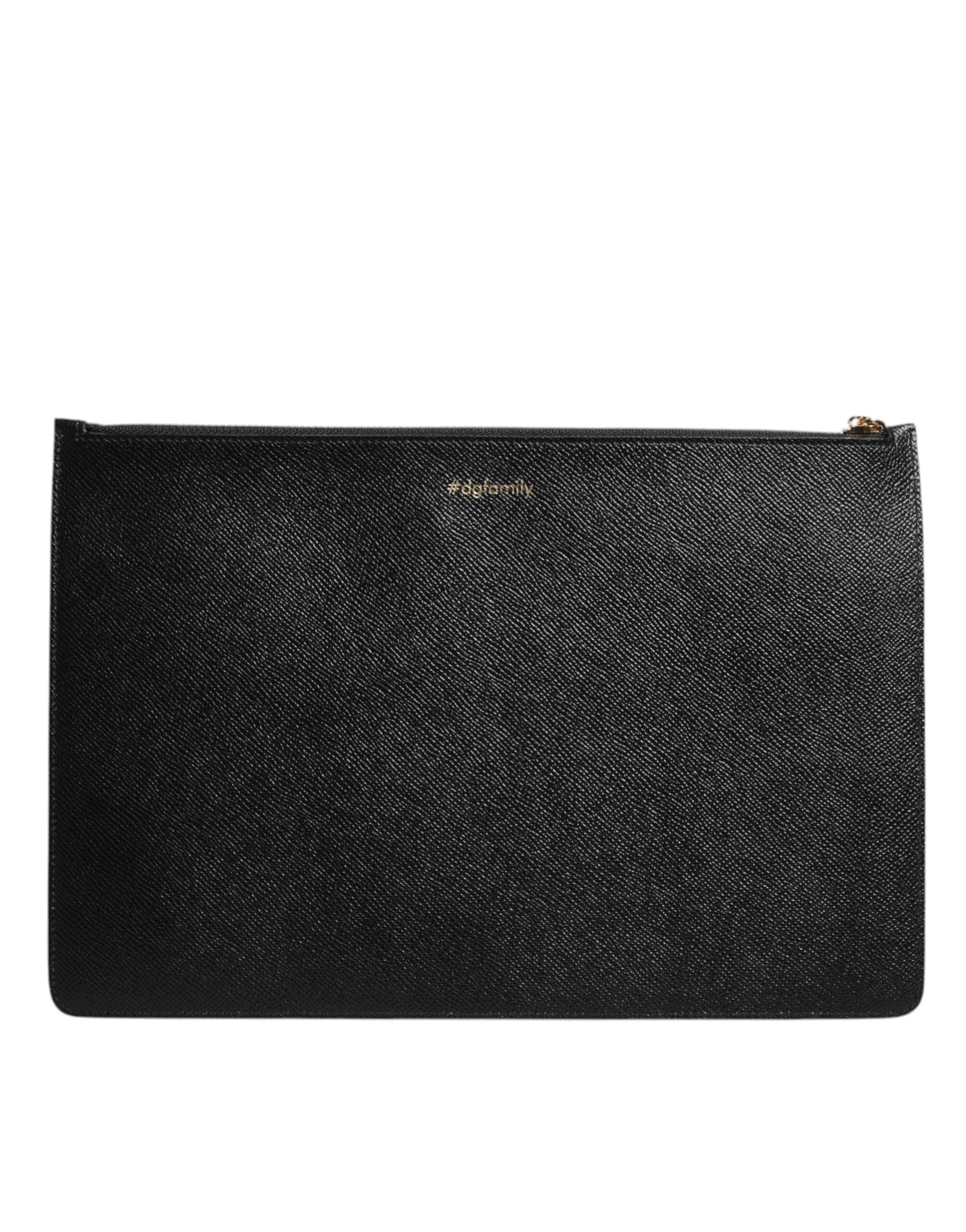 Dolce & Gabbana Black Leather #DGFAMILY Embellished Men Zip Pouch Bag Dolce & Gabbana