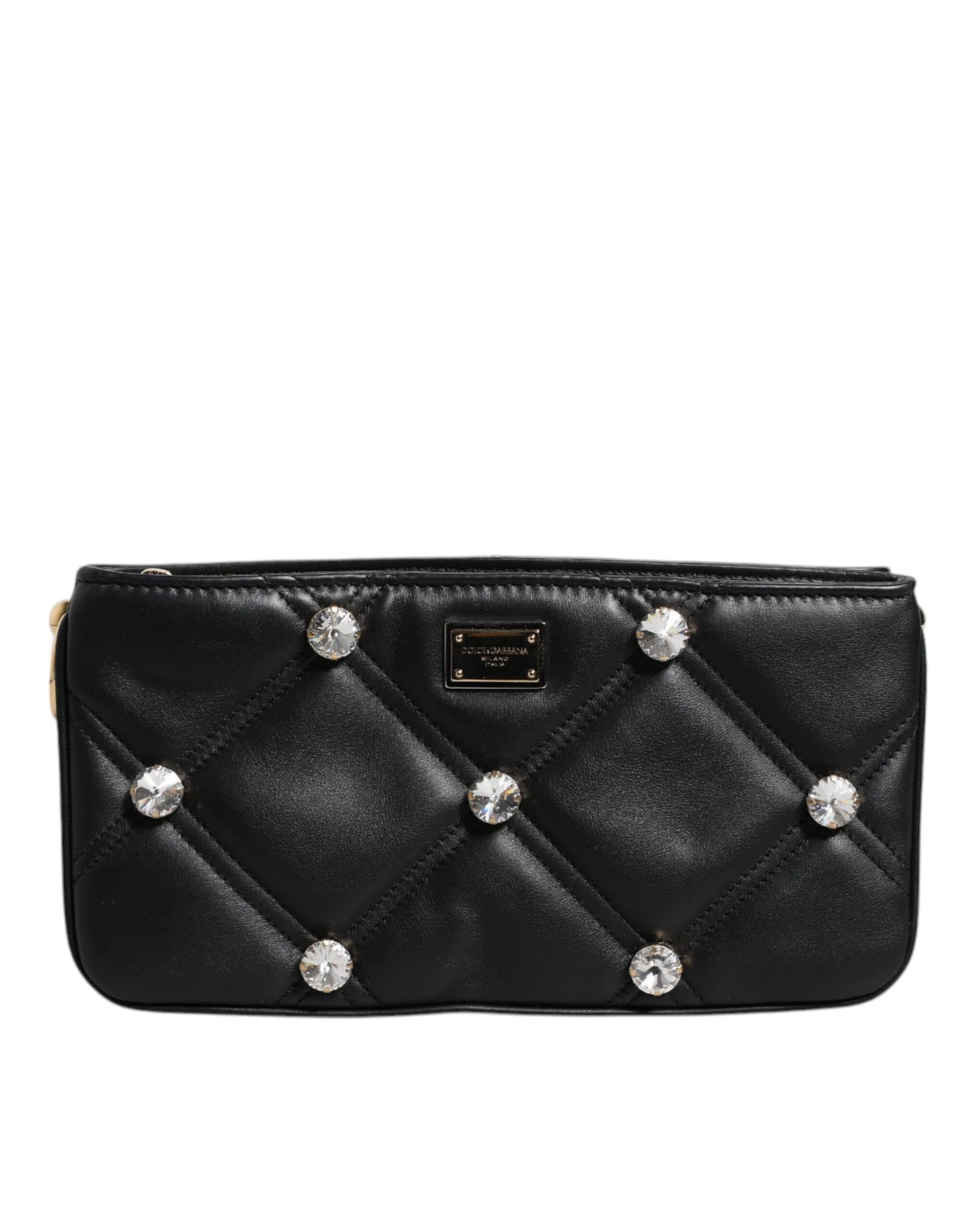 Dolce & Gabbana Black Leather Crystal Embellished Logo Shoulder Bag Dolce & Gabbana