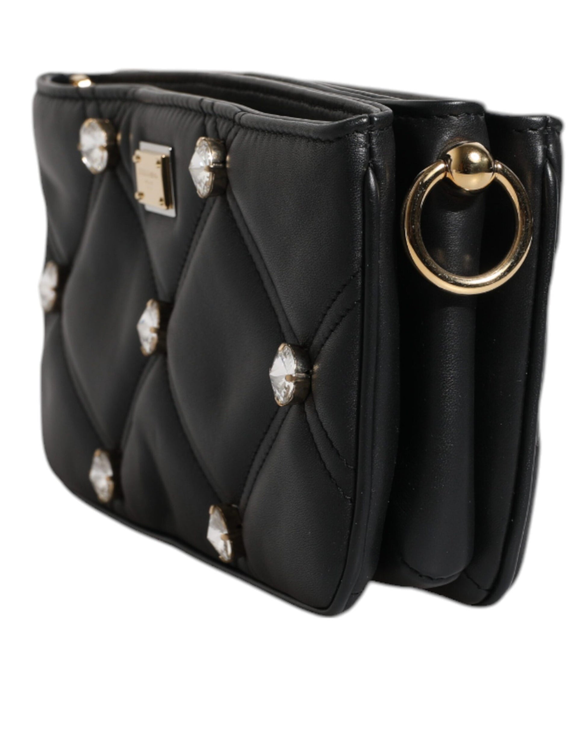 Dolce & Gabbana Black Leather Crystal Embellished Logo Shoulder Bag Dolce & Gabbana
