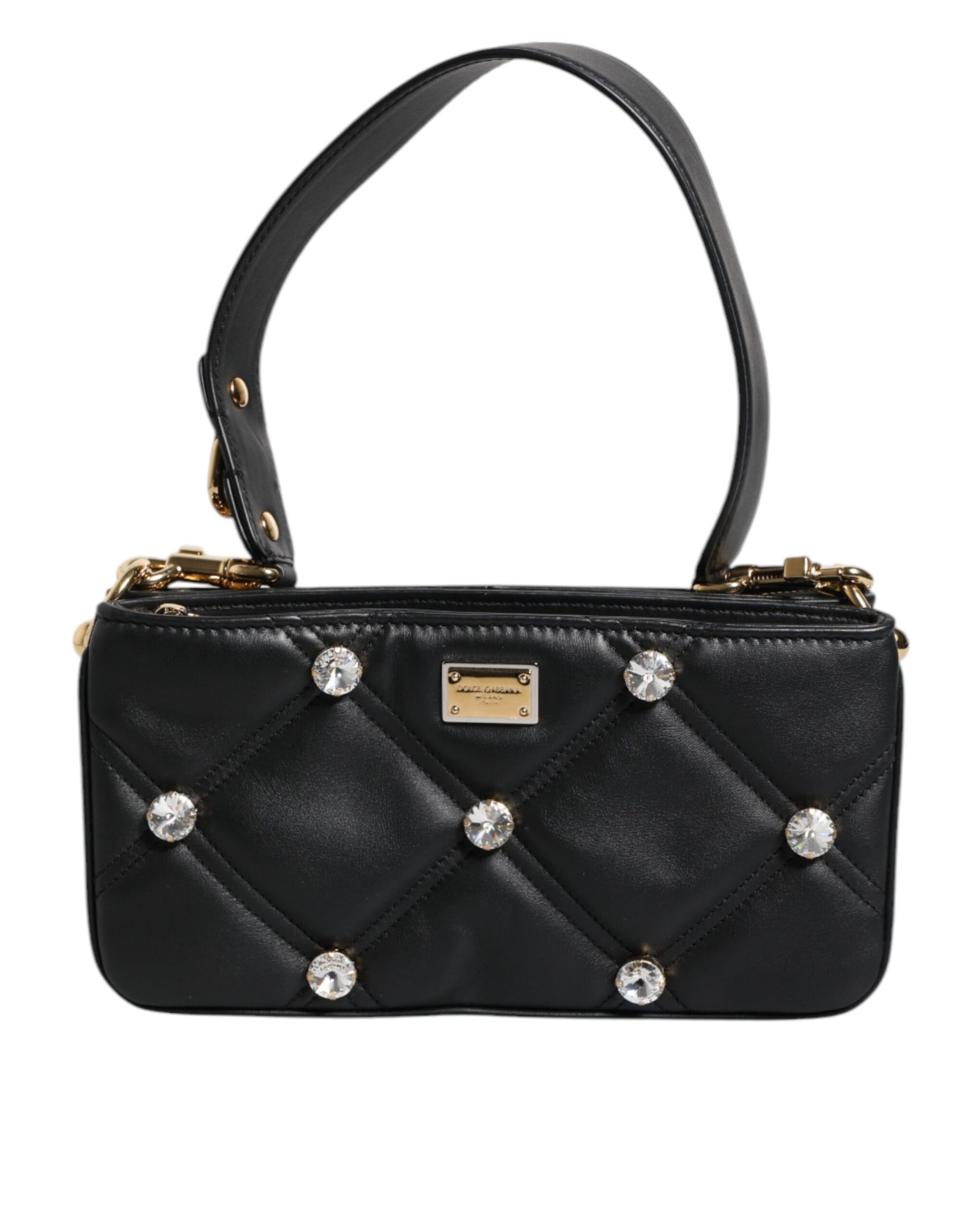 Dolce & Gabbana Black Leather Crystal Embellished Logo Shoulder Bag Dolce & Gabbana