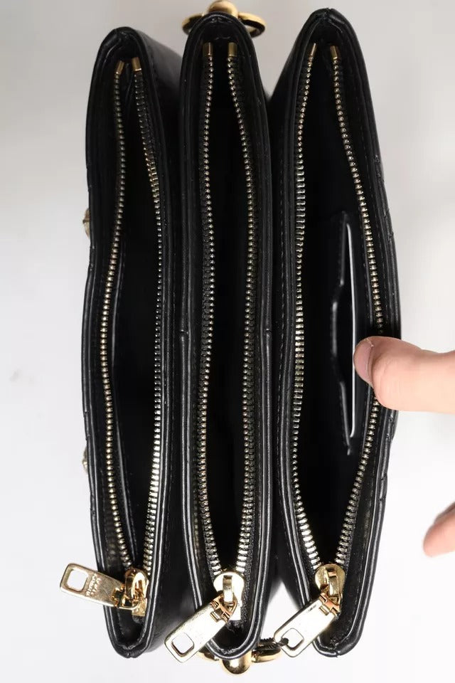 Dolce & Gabbana Black Leather Crystal Embellished Logo Shoulder Bag Dolce & Gabbana