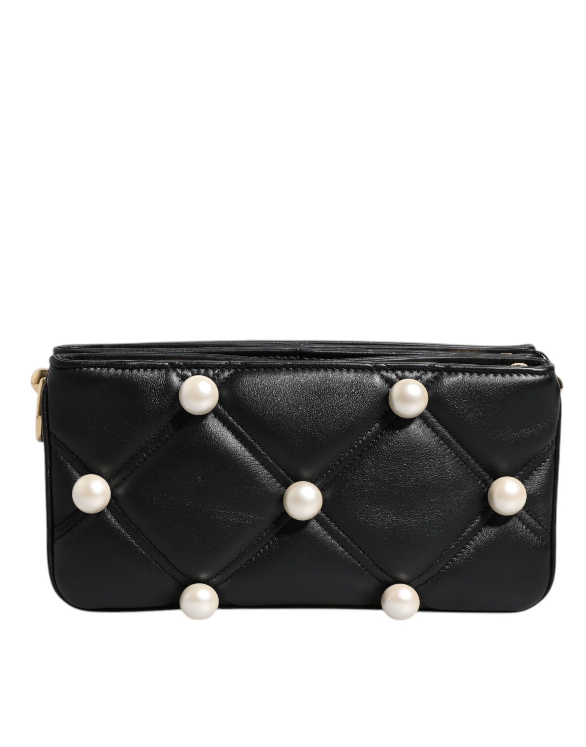 Dolce & Gabbana Black Leather Pearl Embellished Logo Shoulder Bag Dolce & Gabbana