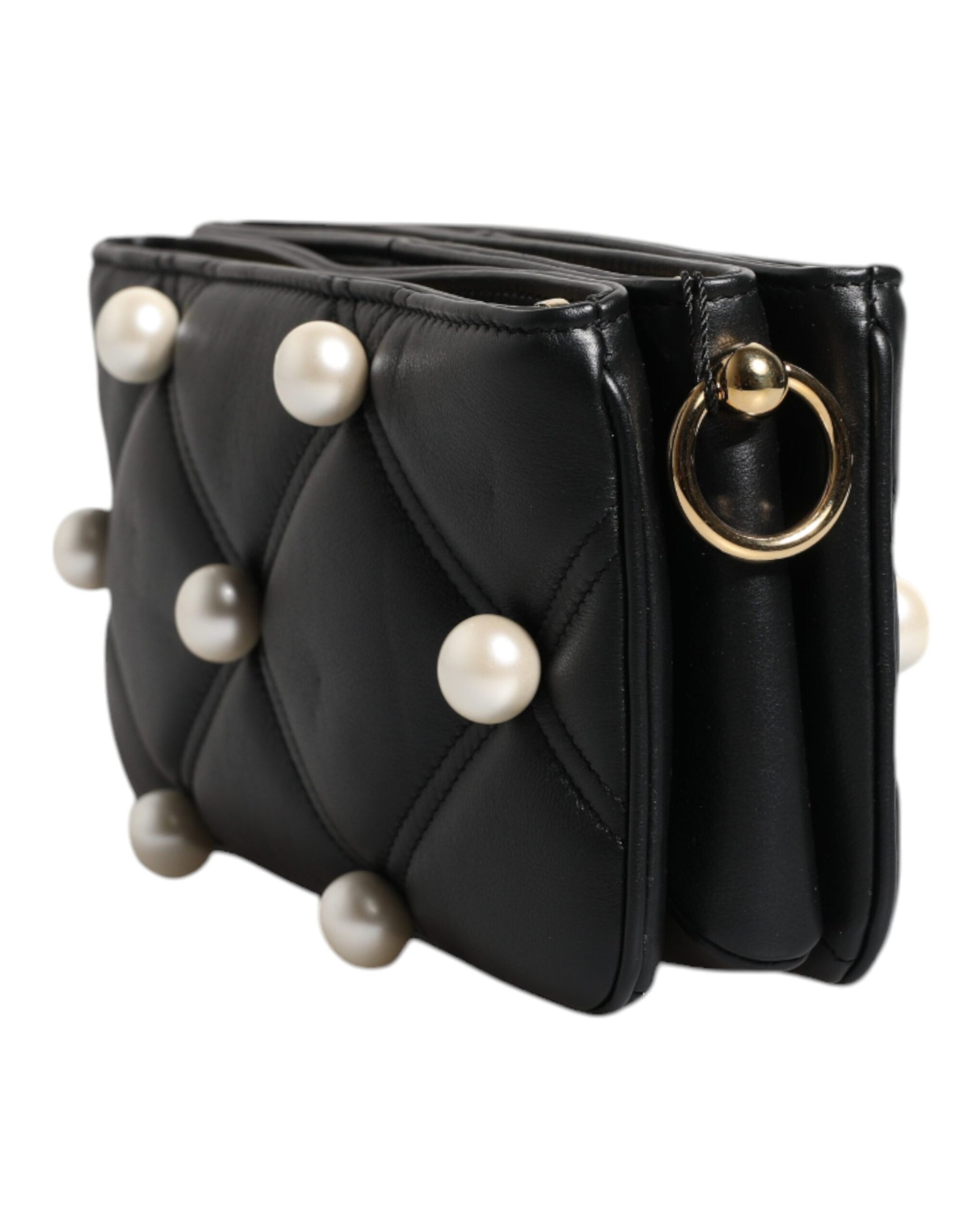 Dolce & Gabbana Black Leather Pearl Embellished Logo Shoulder Bag Dolce & Gabbana