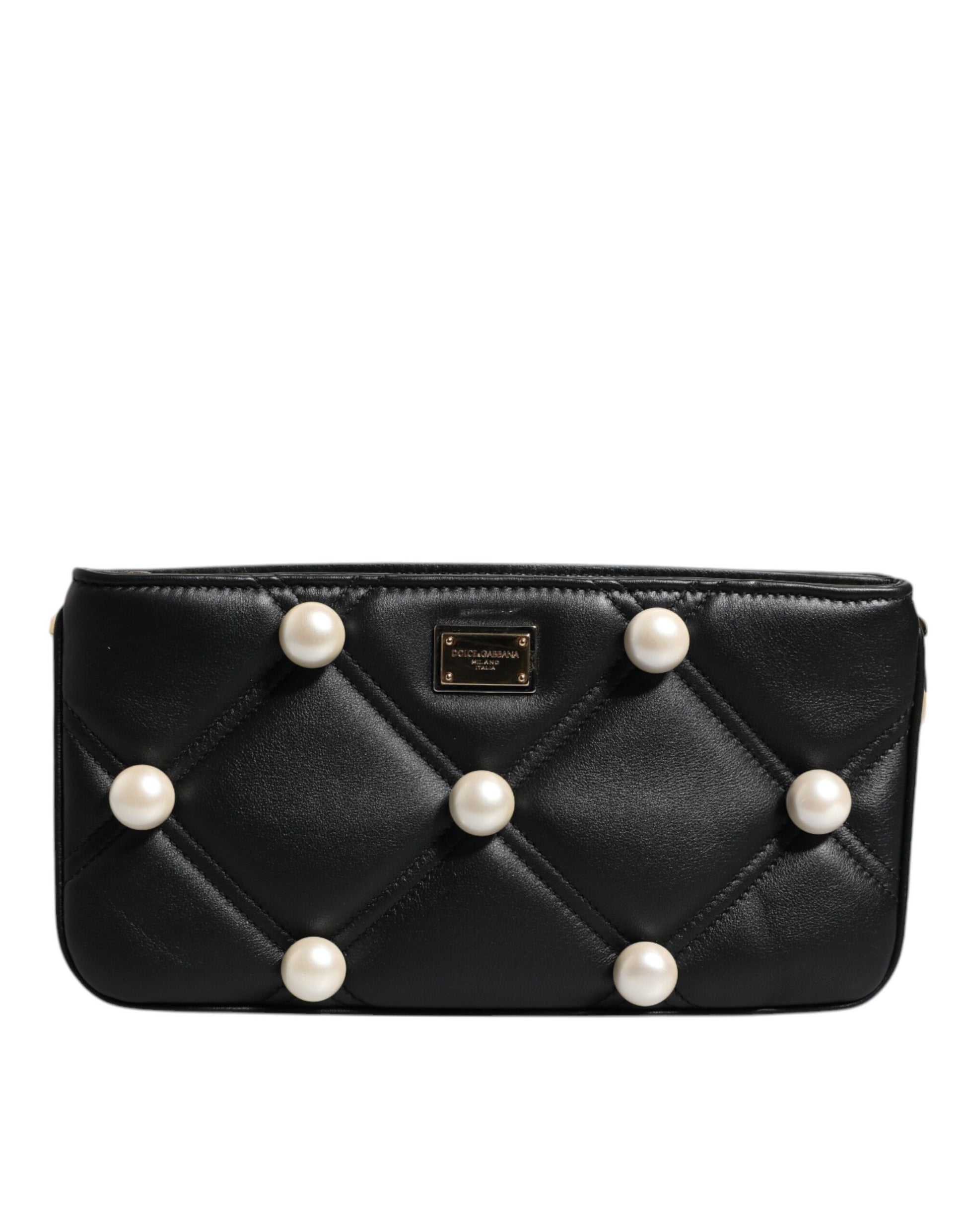 Dolce & Gabbana Black Leather Pearl Embellished Logo Shoulder Bag Dolce & Gabbana