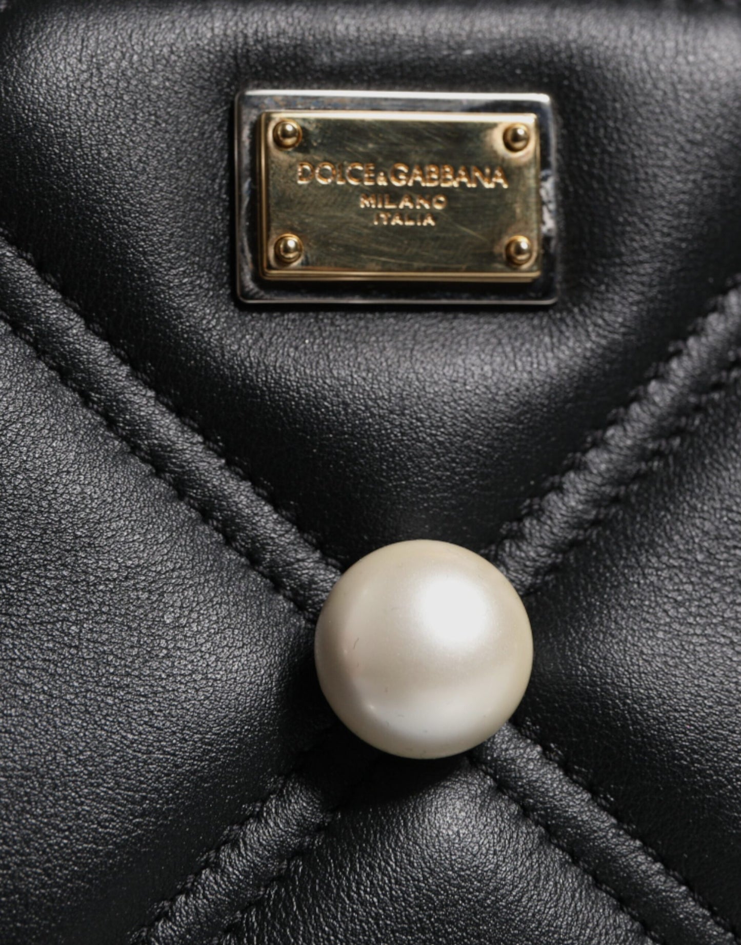 Dolce & Gabbana Black Leather Pearl Embellished Logo Shoulder Bag Dolce & Gabbana