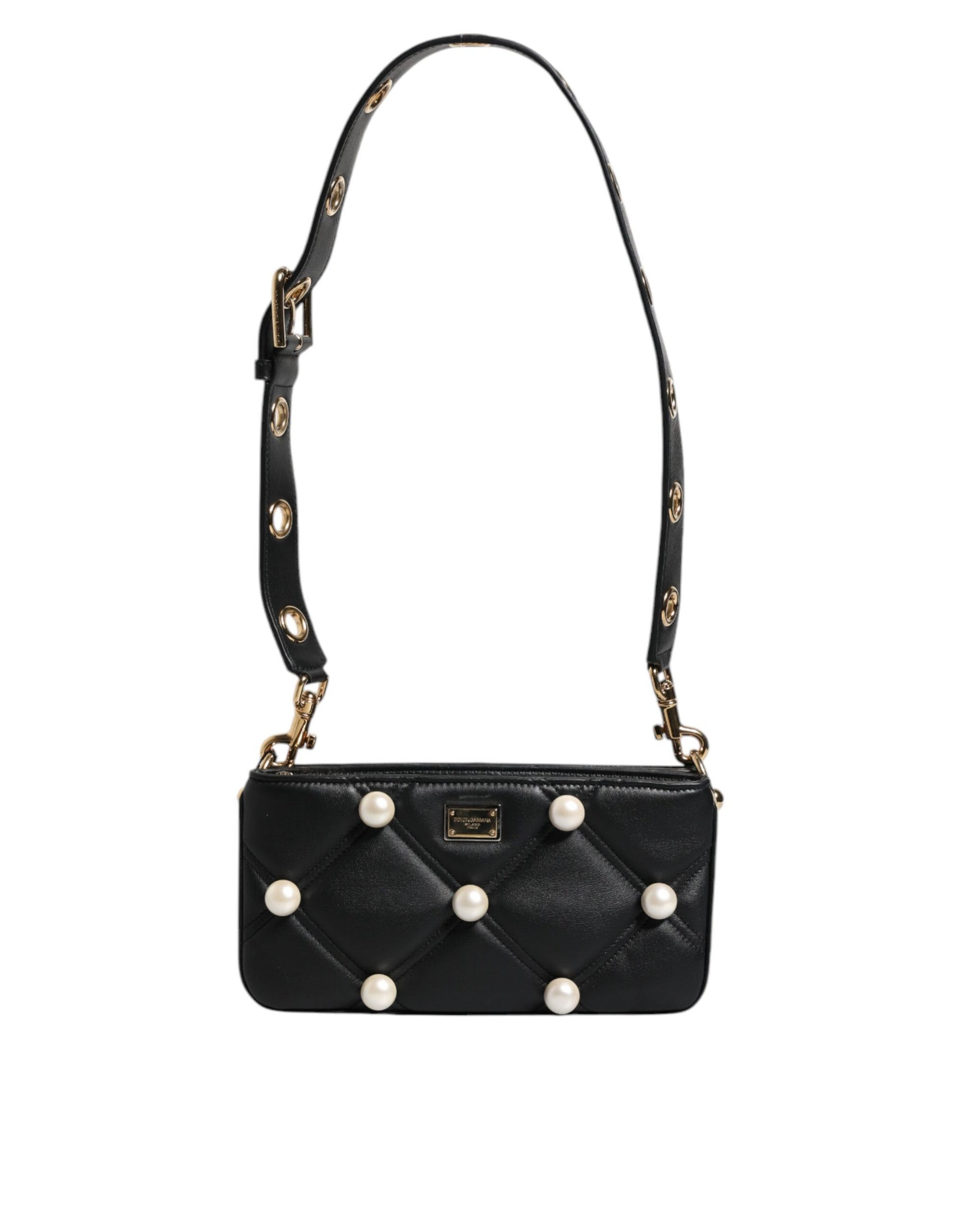Dolce & Gabbana Black Leather Pearl Embellished Logo Shoulder Bag Dolce & Gabbana