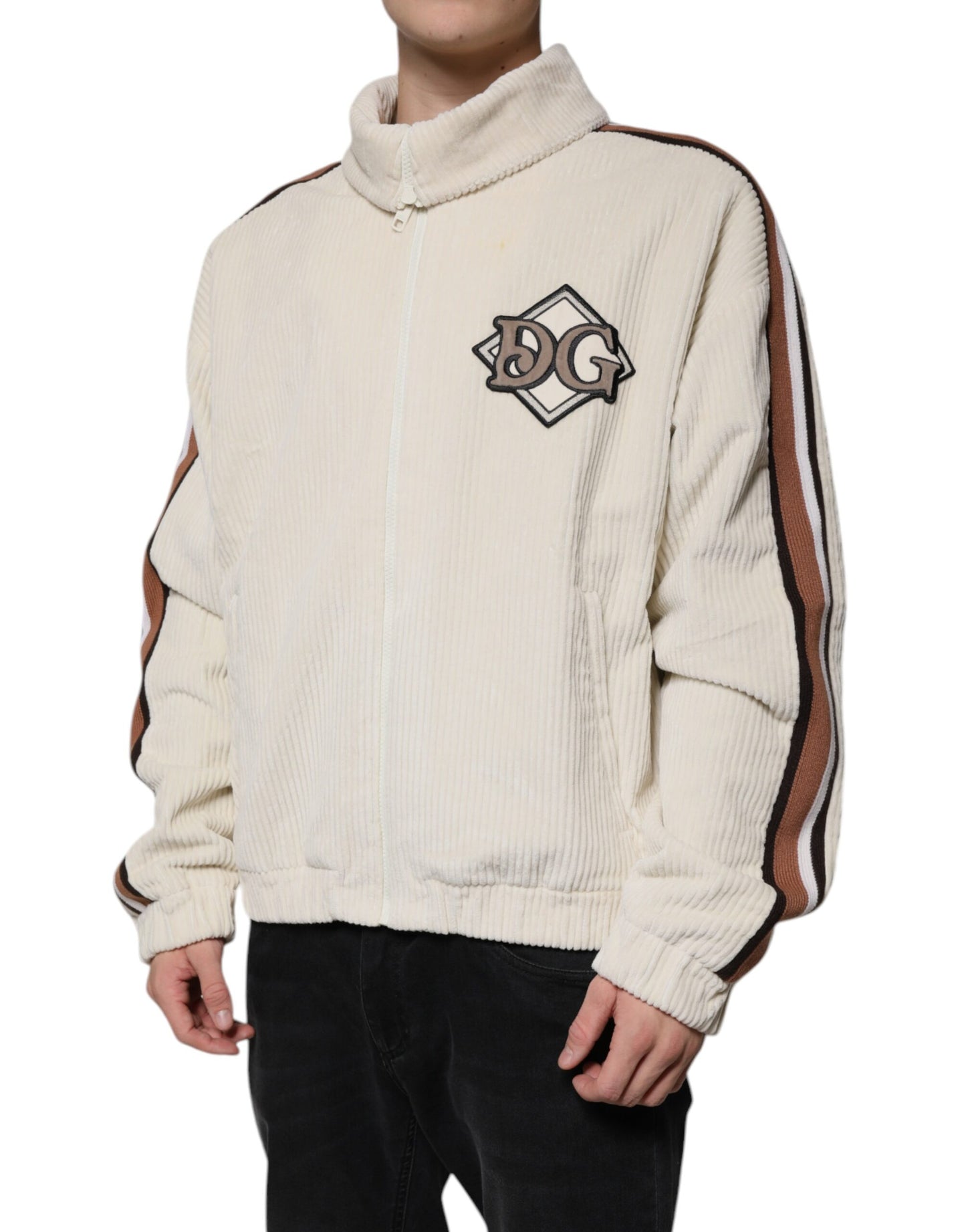Dolce & Gabbana Beige Logo Applique Cotton Corduroy Full Zip Jacket Dolce & Gabbana