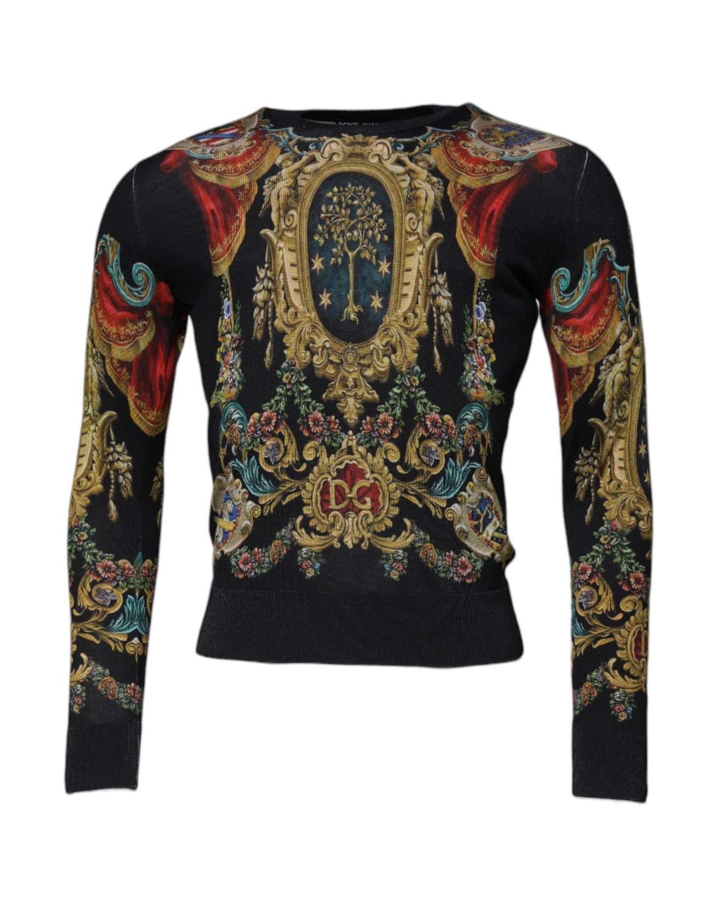 Dolce & Gabbana Black Heraldic DG Silk Round Neck Pullover Sweater Dolce & Gabbana