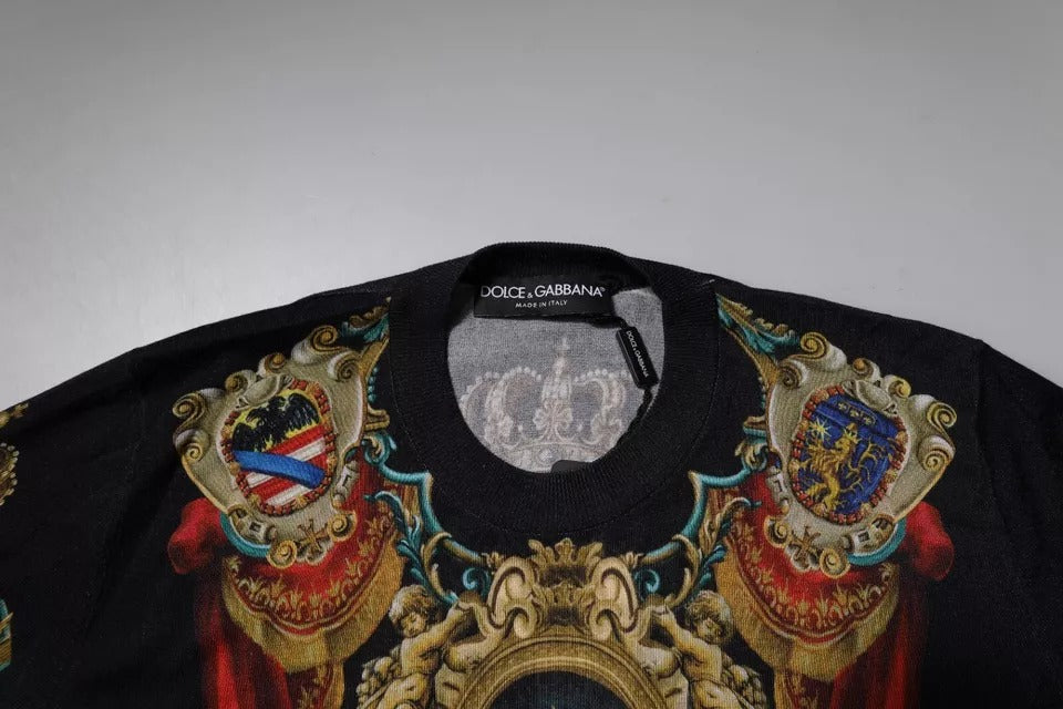 Dolce & Gabbana Black Heraldic DG Silk Round Neck Pullover Sweater Dolce & Gabbana