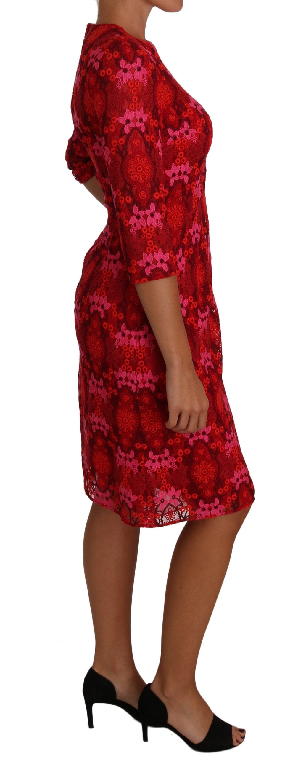 Dolce & Gabbana Floral Crochet Lace Red Pink Sheath Dress Dolce & Gabbana