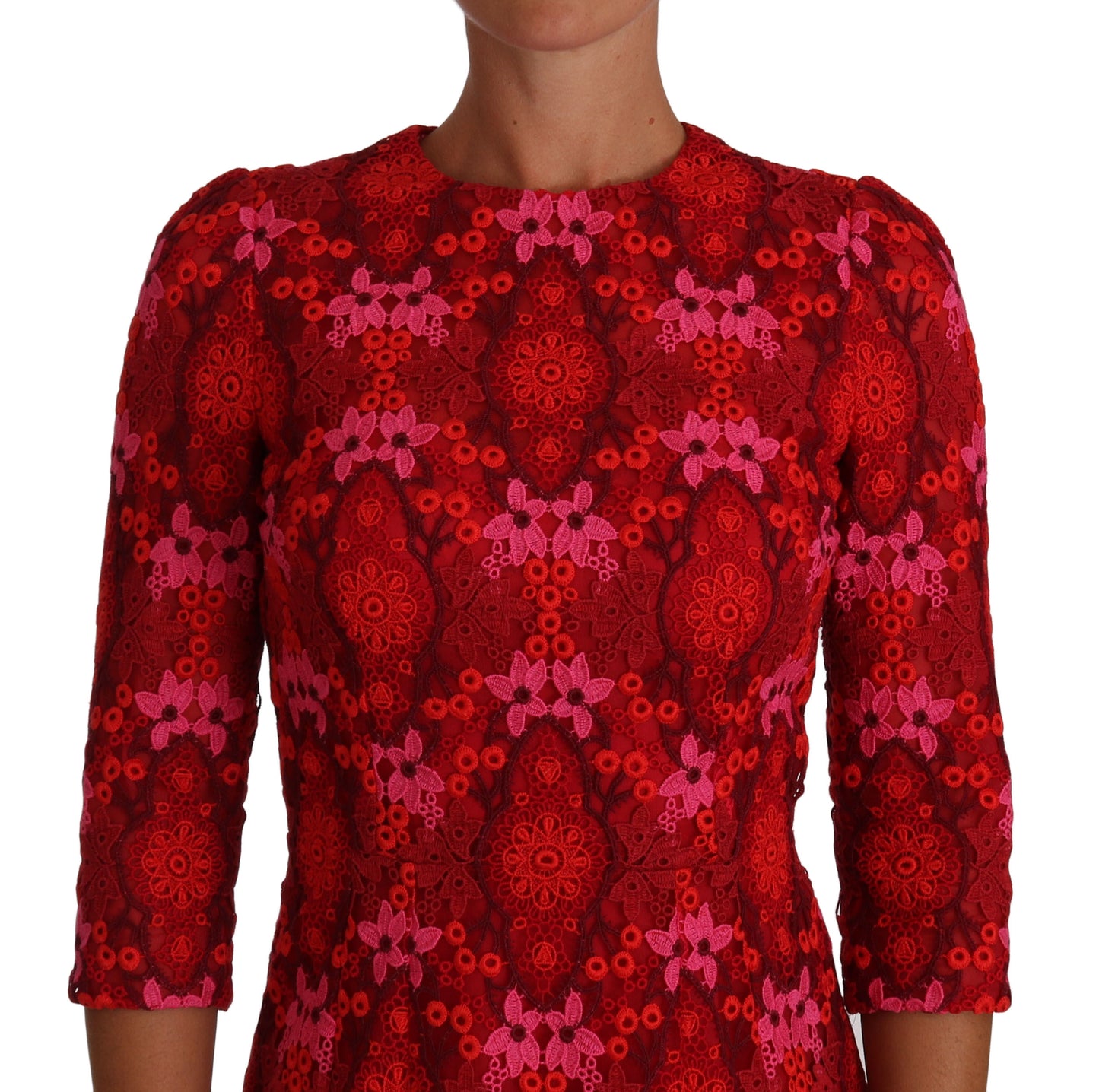 Dolce & Gabbana Floral Crochet Lace Red Pink Sheath Dress Dolce & Gabbana
