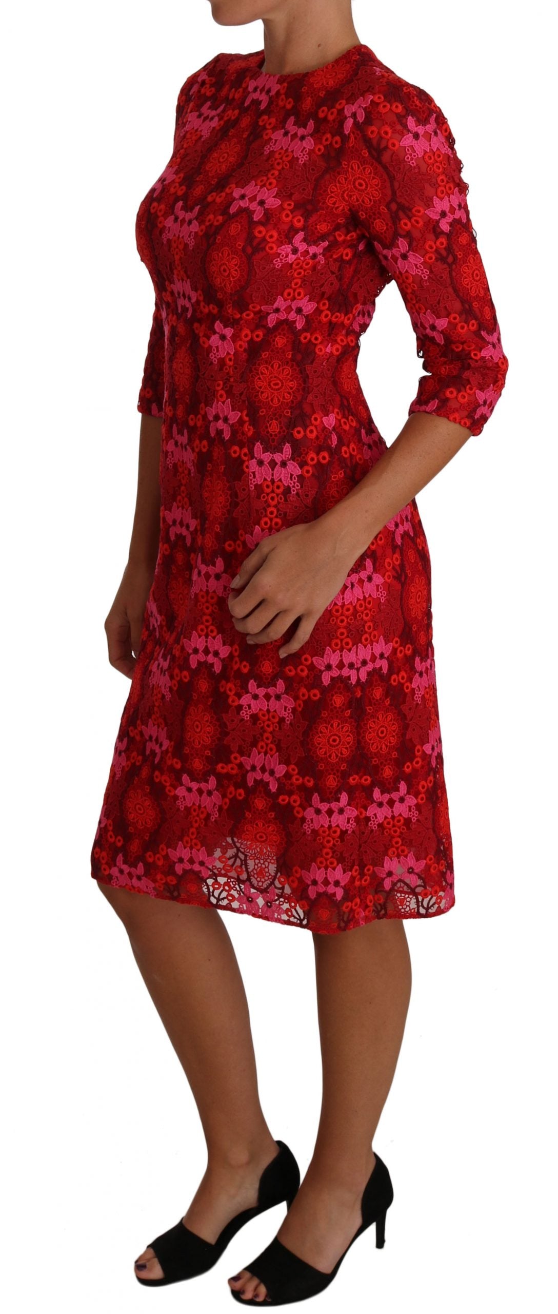 Dolce & Gabbana Floral Crochet Lace Red Pink Sheath Dress Dolce & Gabbana