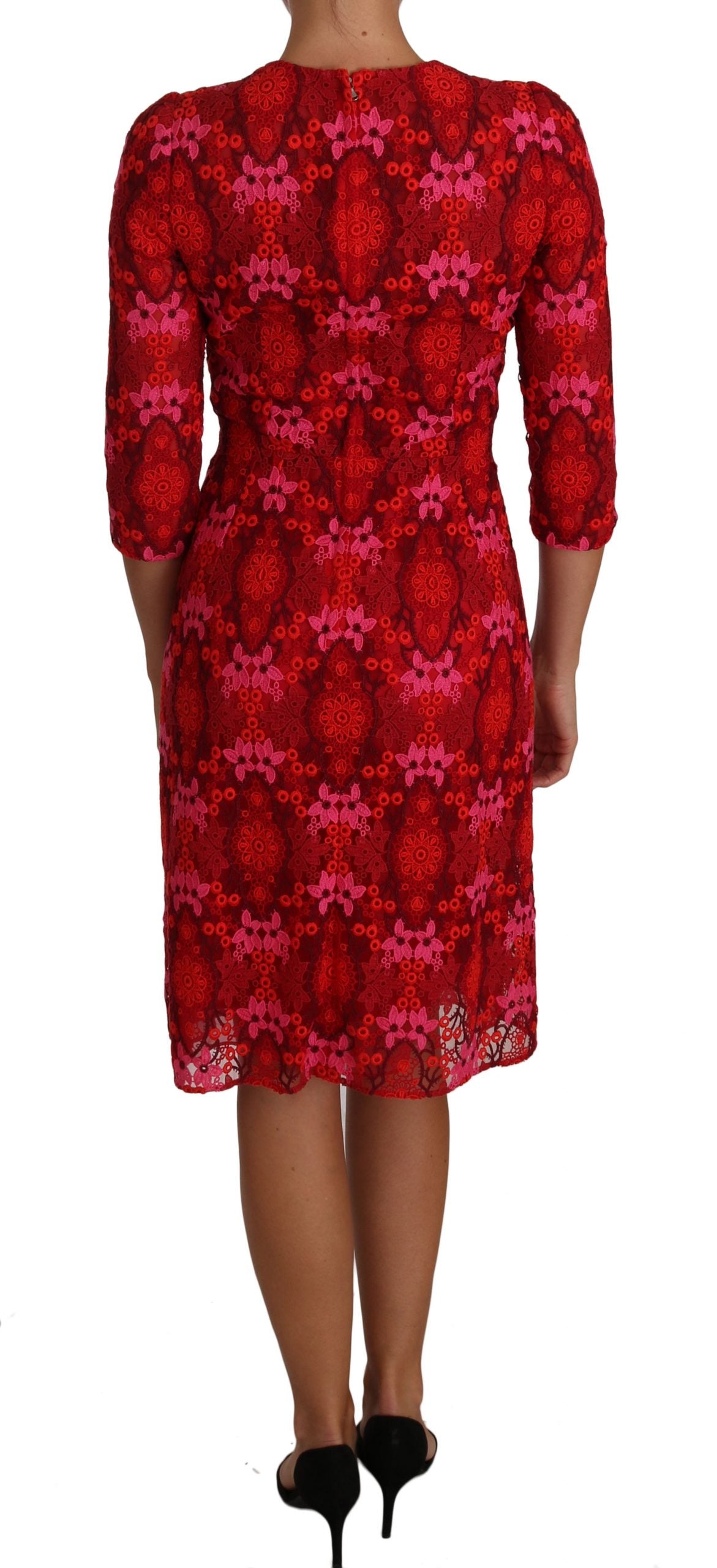 Dolce & Gabbana Floral Crochet Lace Red Pink Sheath Dress Dolce & Gabbana