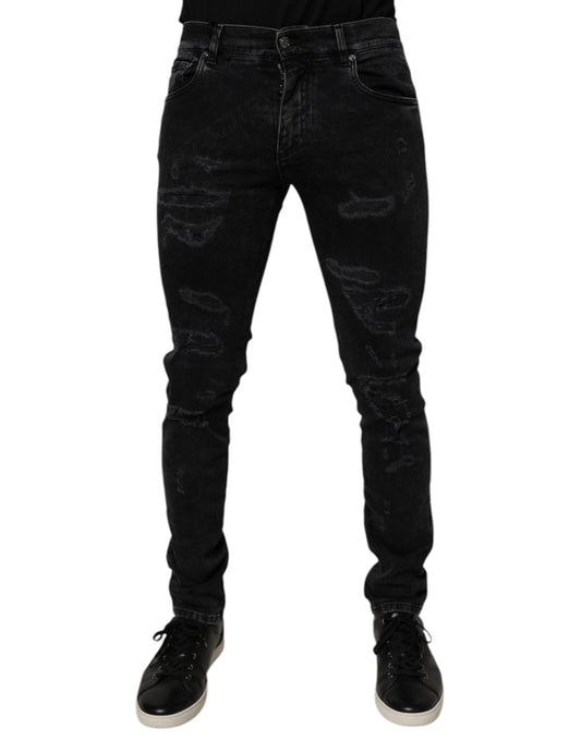 Dolce & Gabbana Black Tattered Cotton Skinny Men Denim Jeans Dolce & Gabbana