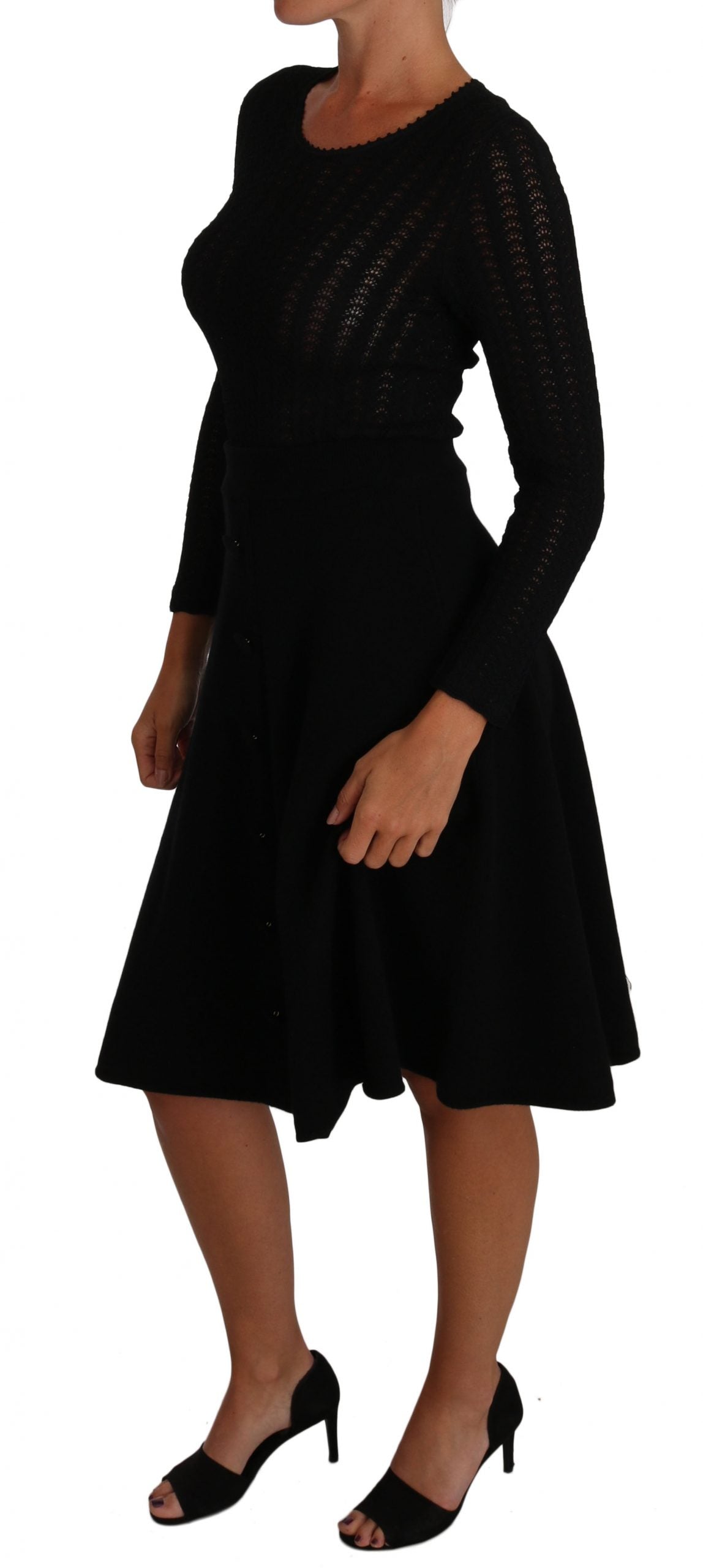 Dolce & Gabbana Black Knitted Wool Sheath Long Sleeves Dress Dolce & Gabbana