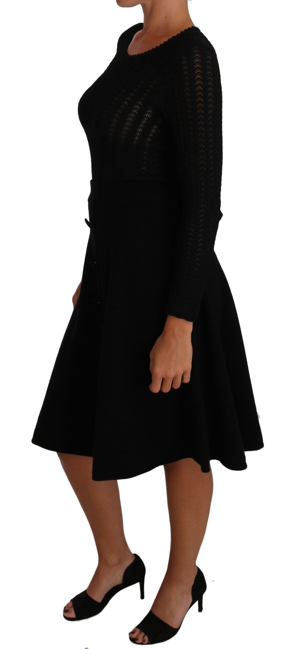 Dolce & Gabbana Black Knitted Wool Sheath Long Sleeves Dress Dolce & Gabbana