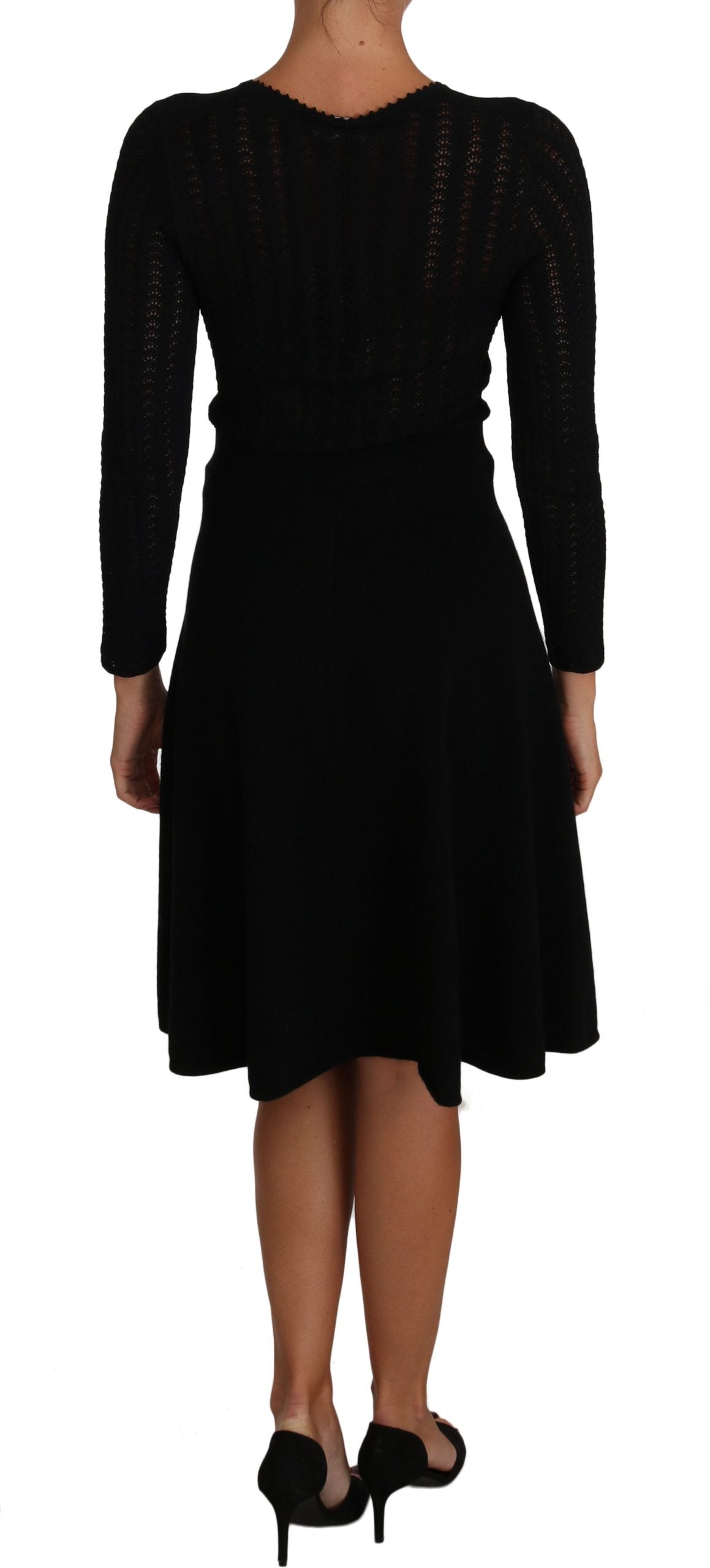 Dolce & Gabbana Black Knitted Wool Sheath Long Sleeves Dress Dolce & Gabbana
