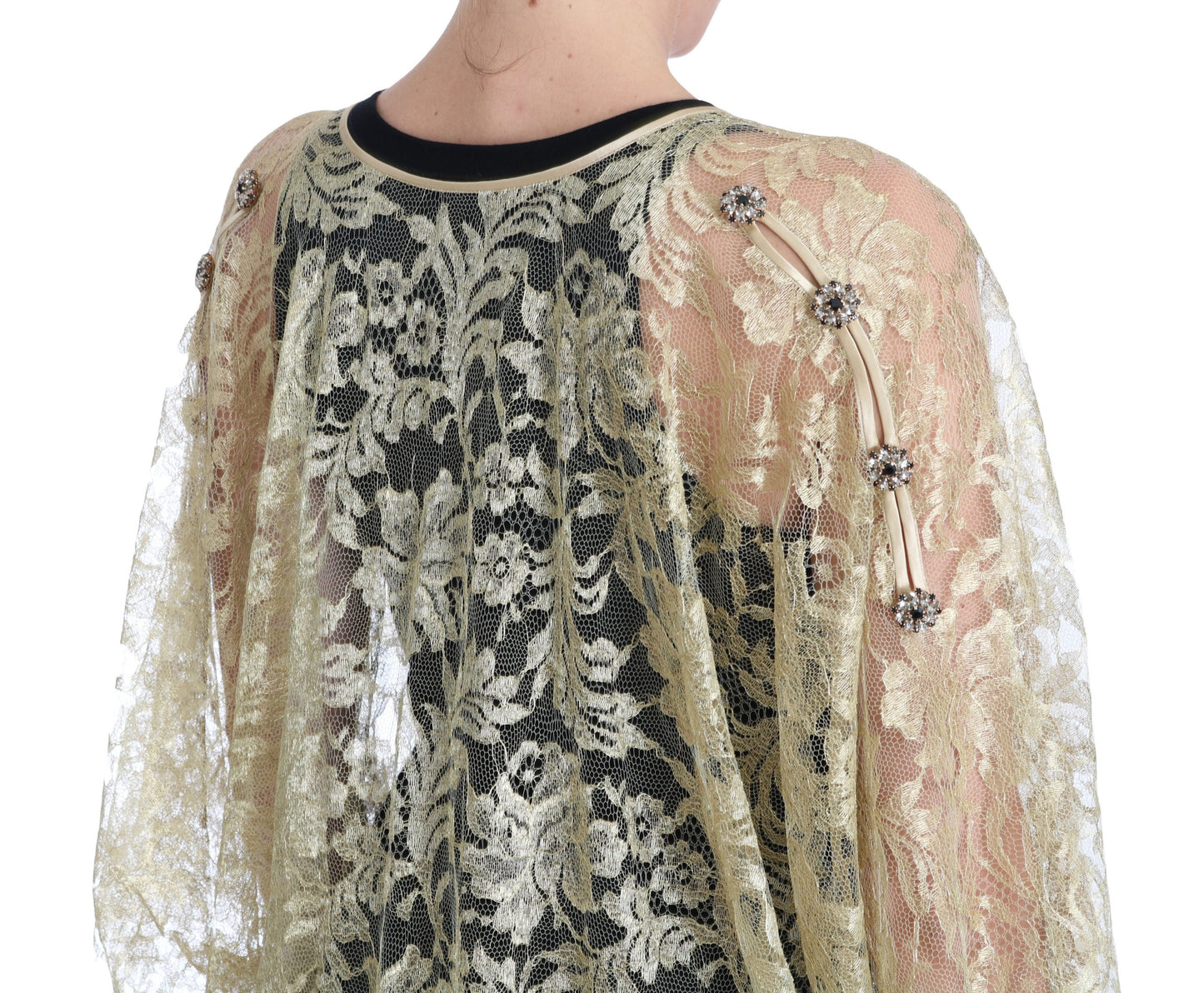 Dolce & Gabbana Gold Floral Lace Crystal Gown Cape Dress Dolce & Gabbana