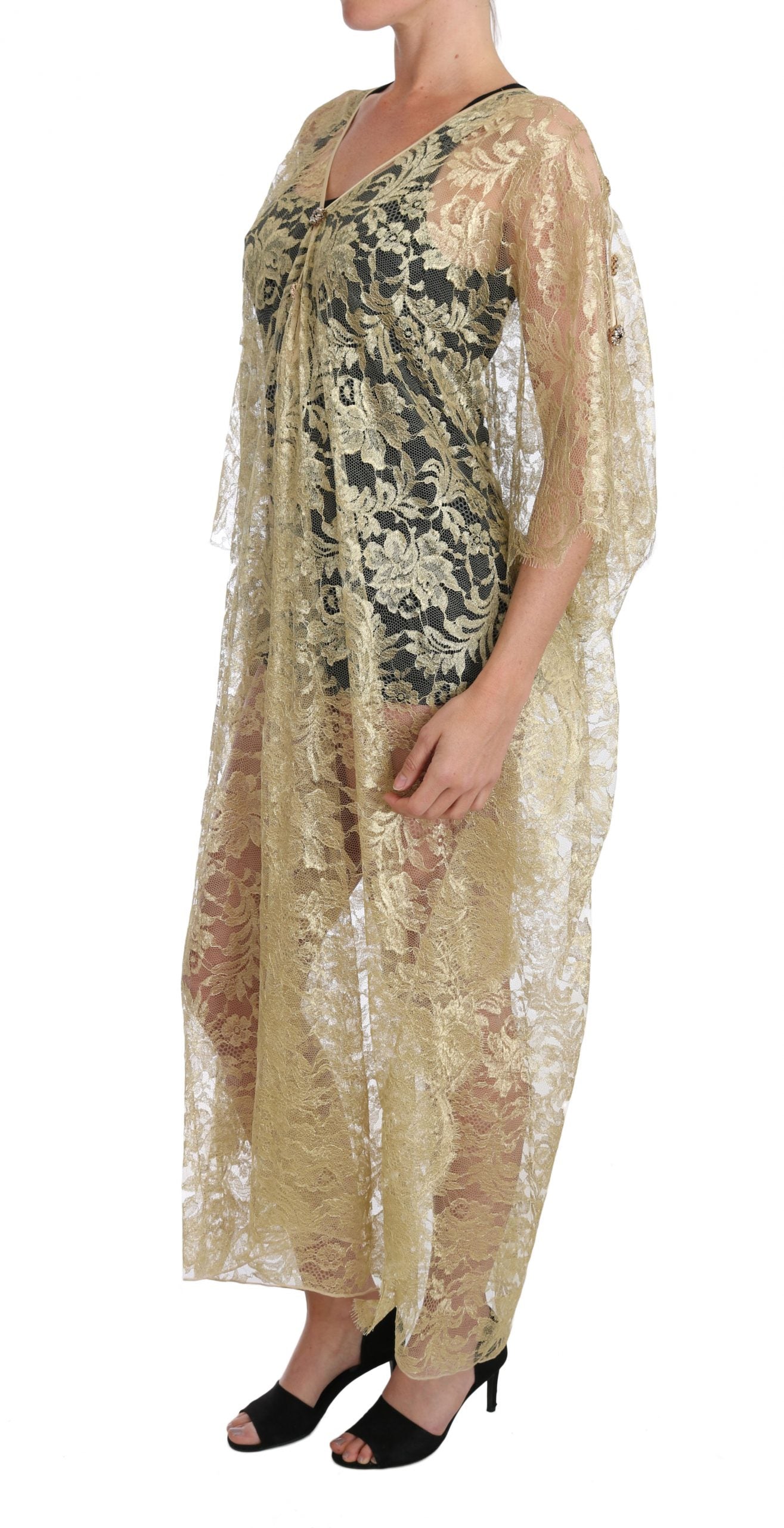 Dolce & Gabbana Gold Floral Lace Crystal Gown Cape Dress Dolce & Gabbana