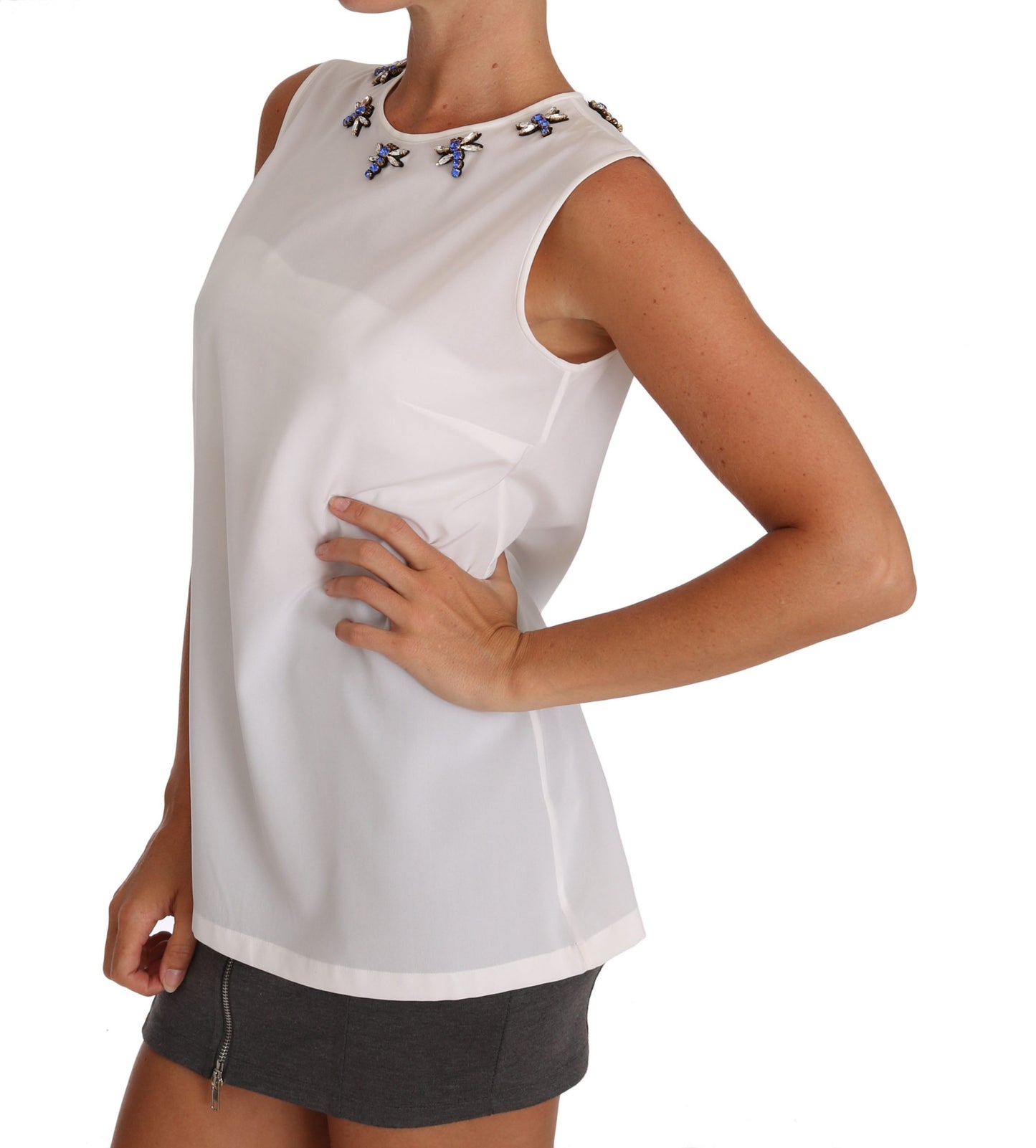 Dolce & Gabbana White Silk Crystal Embellished Fly T-shirt Dolce & Gabbana